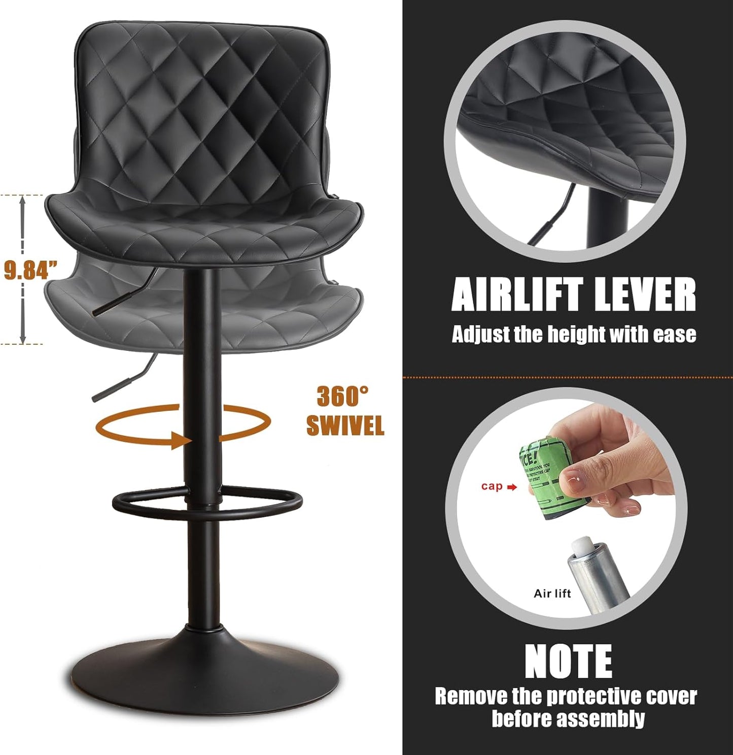 YOUNUOKE Bar Stools Set of 2 Faux Leather Barstools with Back Modern Swivel Counter Height Stool Adjustable High Bar Chairs for Kitchen Islands, Black