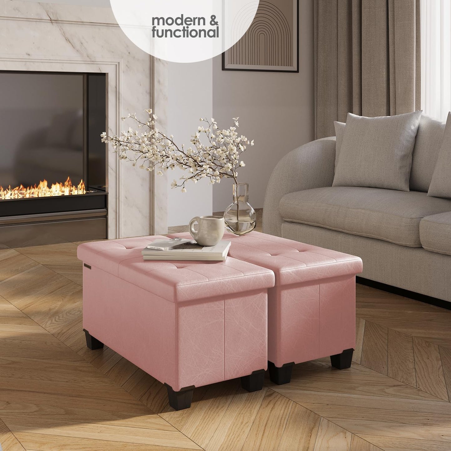 STORAGEBUD Storage Ottoman Bench with Bins, 30-in Storage Bench for Bedroom End of Bed, Folding Foot Rest Ottoman for Living Room Max 660lbs, Faux Leather Ottomans, Pink