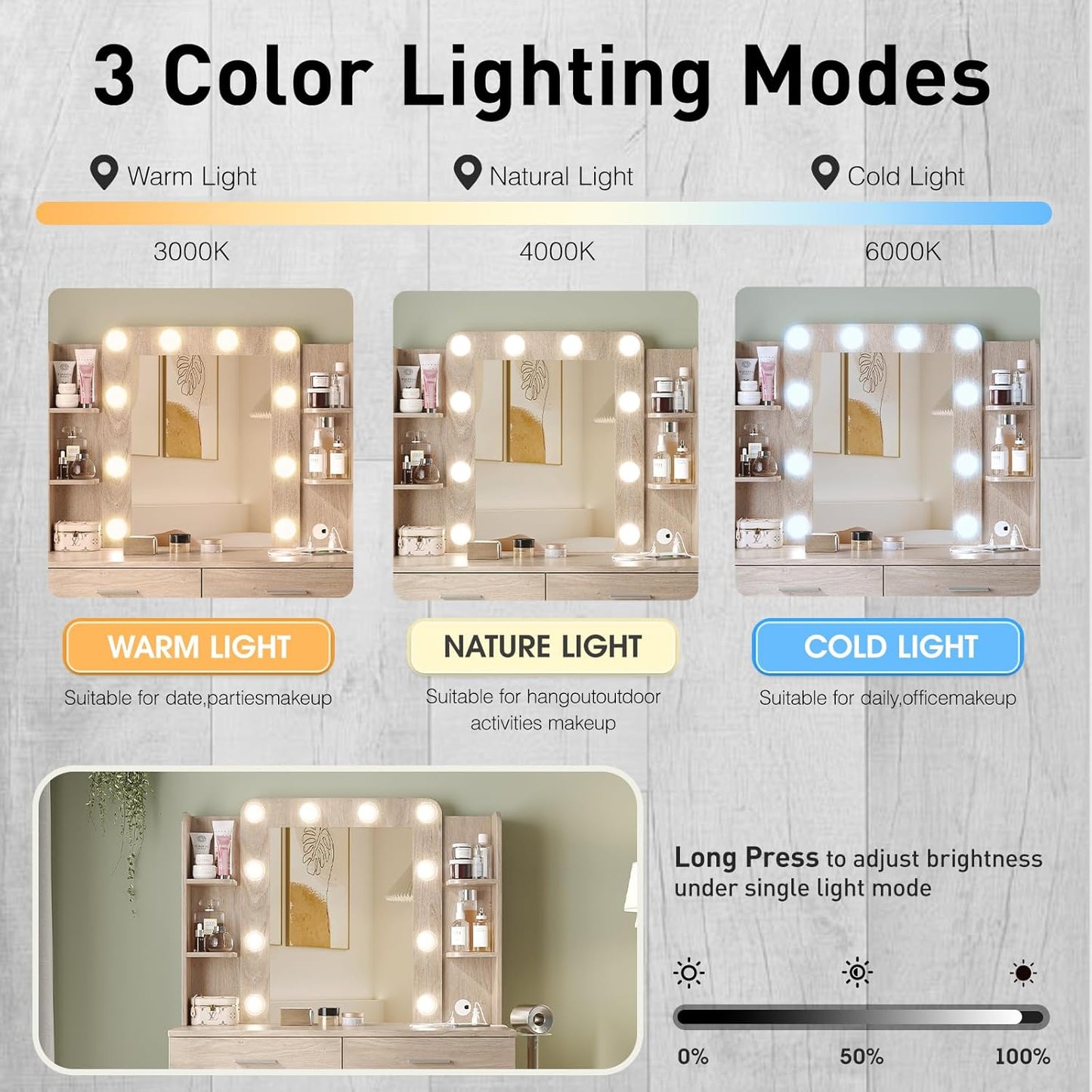 Vabches Vanity Desk with Mirror and Lights,Makeup Vanity Table with Charging Station,2 Drawer Bedroom Dressing Table with 3 Colors Modes Dimming & Cushioned Stool,Natural Oak