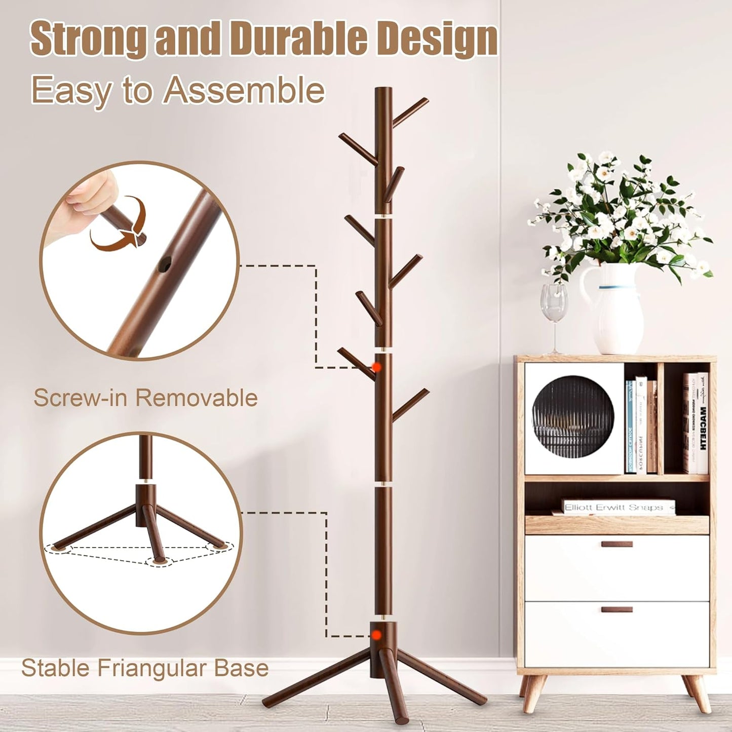 Wooden Coat Rack Stand, Freestanding Coat Rack with 8 Hooks, 3 Adjustable Size Coat Tree for Hats, Coats, Scarves bags, Coat Hanger Stand Used in Bedroom/Office/Entryway （Brown）