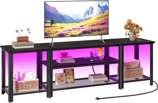 WelFurGeer Industrial Metal TV Stands with RGB LED Lights & Built-in Power Outlets - Modern TV Entertainment Center for Living Room, Open Grid Design TV Console with Storage (Black)