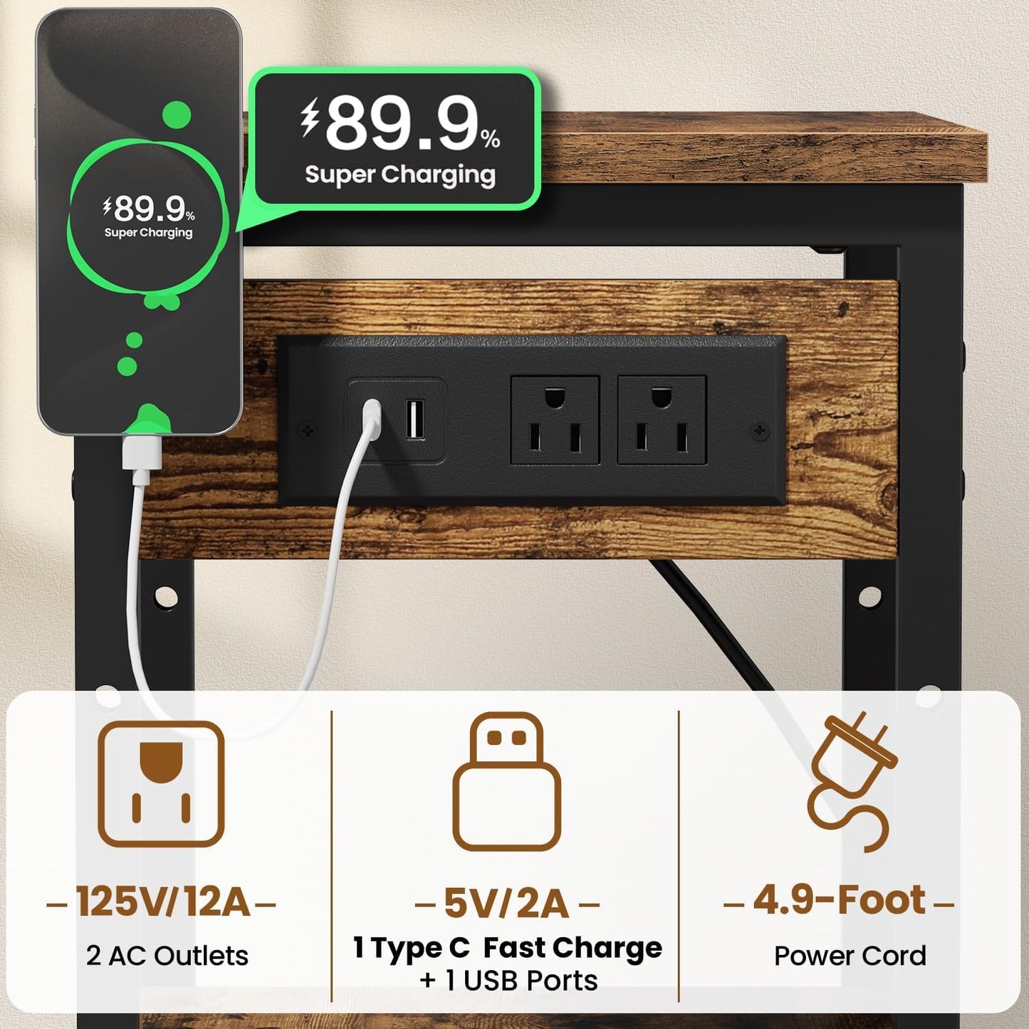 Tall End Table with Fast Charging Station, 3 Tier Narrow Side Table with Outlets and USB Ports & Type-C, Nightstand with Storage, Bedside Table Stand for Bedroom, Living Room, Rustic Brown