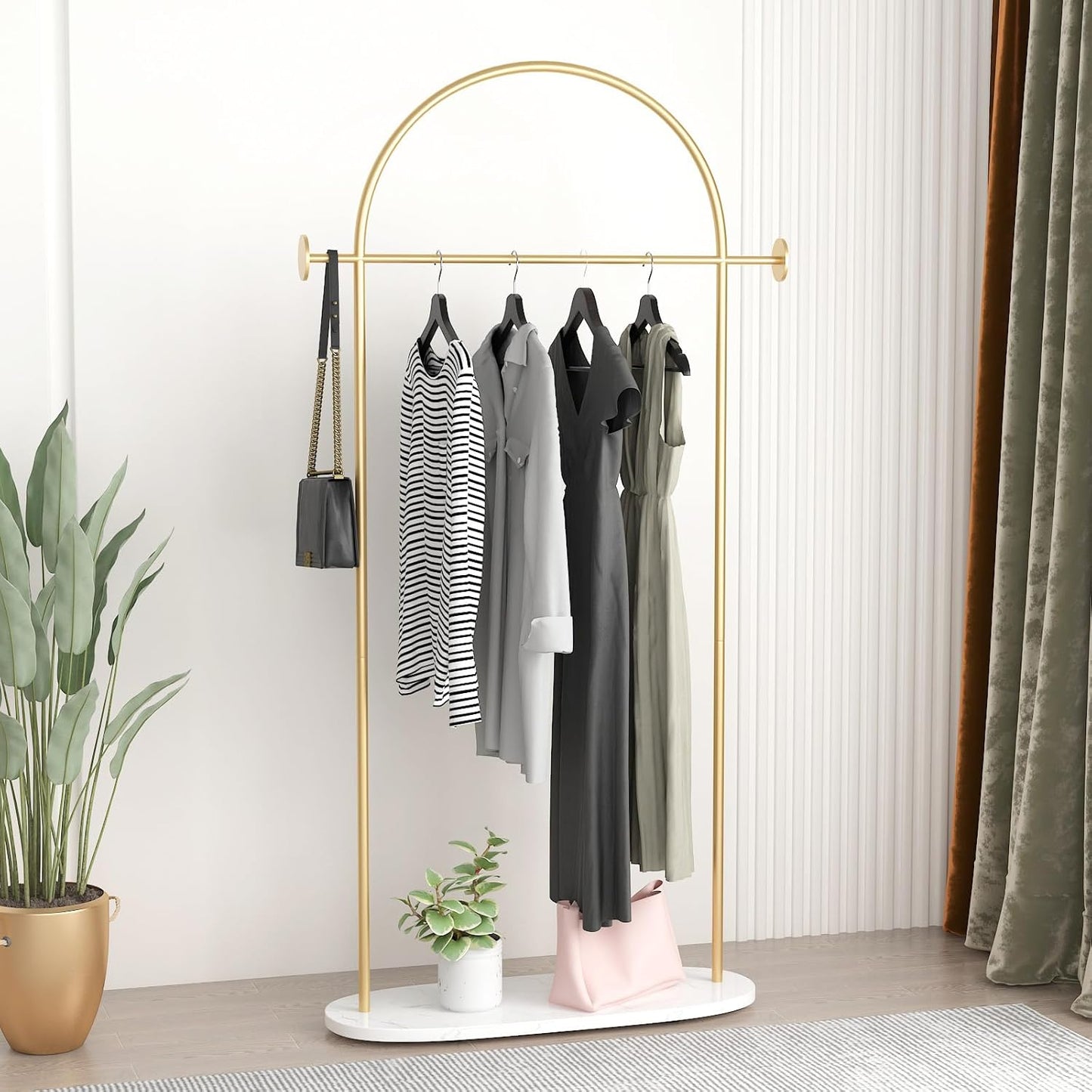 Gold Clothing Rack, Modern Clothes Rack with Shelf, Heavy Duty Freestanding Coat Rack, Metal Coat Hanger Stand with Hooks for Boutique Office