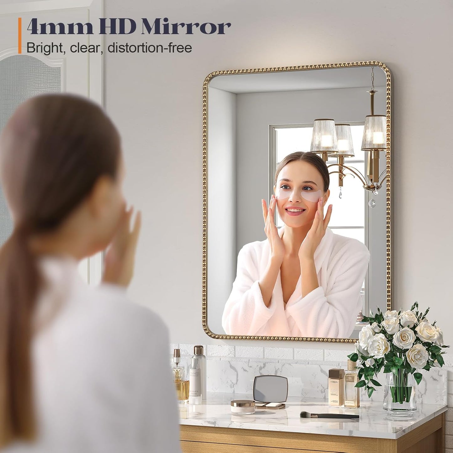 30"x36" Antique Brass Mirror with Beaded Frame for Bathroom, Champagne Bronze Mirrors for Bathroom, Antique Brass Metal Frame Wall Mirrors, Gold Beaded Mirror for Vanity Ornate Bedroom