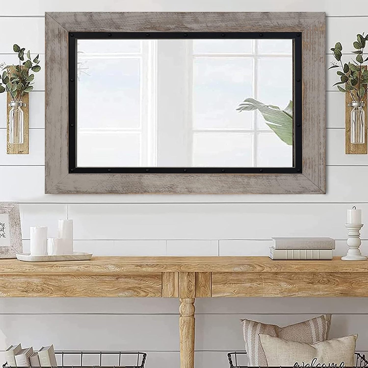 YOSHOOT Rustic Wooden Framed Wall Mirror, 30"x20", Natural Wood and Iron Bathroom Vanity Mirror for Farmhouse Decor, Vertical or Horizontal Hanging