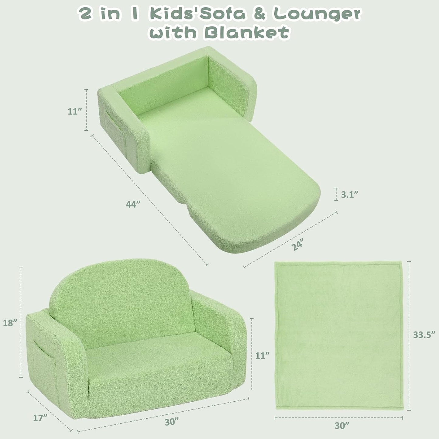 Extra Wide Kids Couch, 2-in-1 Soft Toddler Couch with Blanket, Comfy Toddler Chair, Convertible Sofa to Lounger, Gifts for Kids Girl Boys, Green