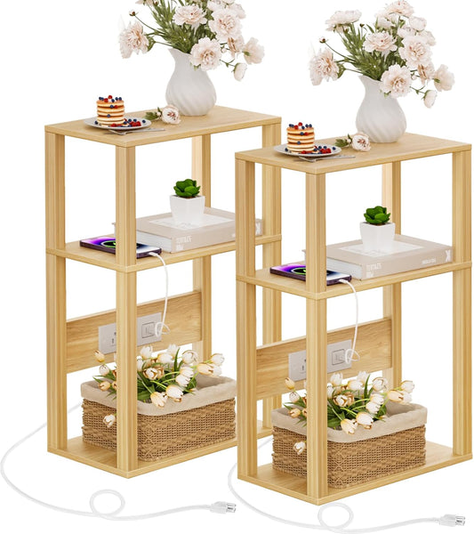 3 Tier Small Narrow Bamboo Side Table Set of 2 with Charging Station - Skinny Nightstand for Small Spaces, Slim Bedside Table with USB Ports and Outlets - Thin End Table with Storage, Natural