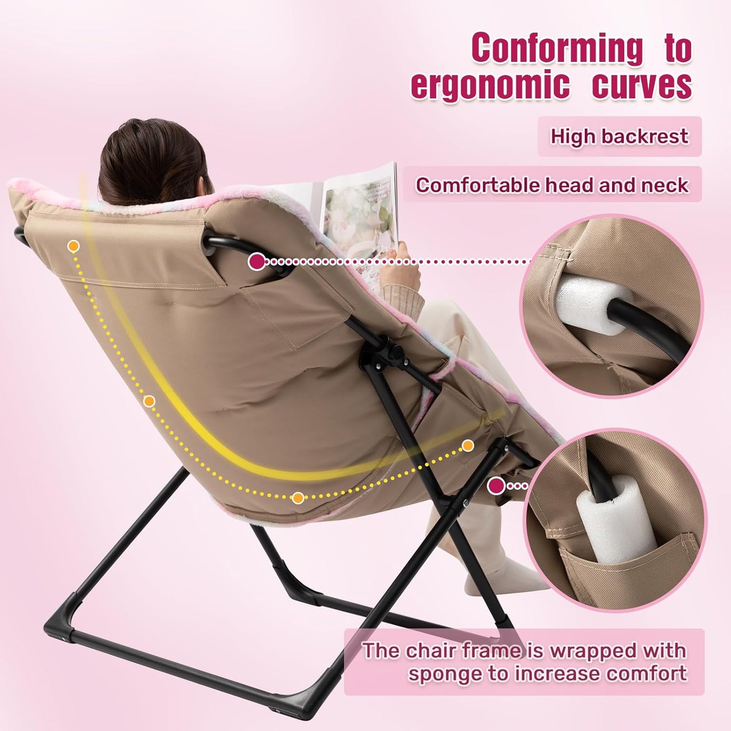 HollyHOME X-Large Saucer Chair, Comfy Oversized Folding Chair, Faux-Fur Reading Chair for Teens, Adults, Foldable Accent Lazy Chair, Metal Frame Lounge Chair for Living Room, Bedroom, Dorm, Colorful