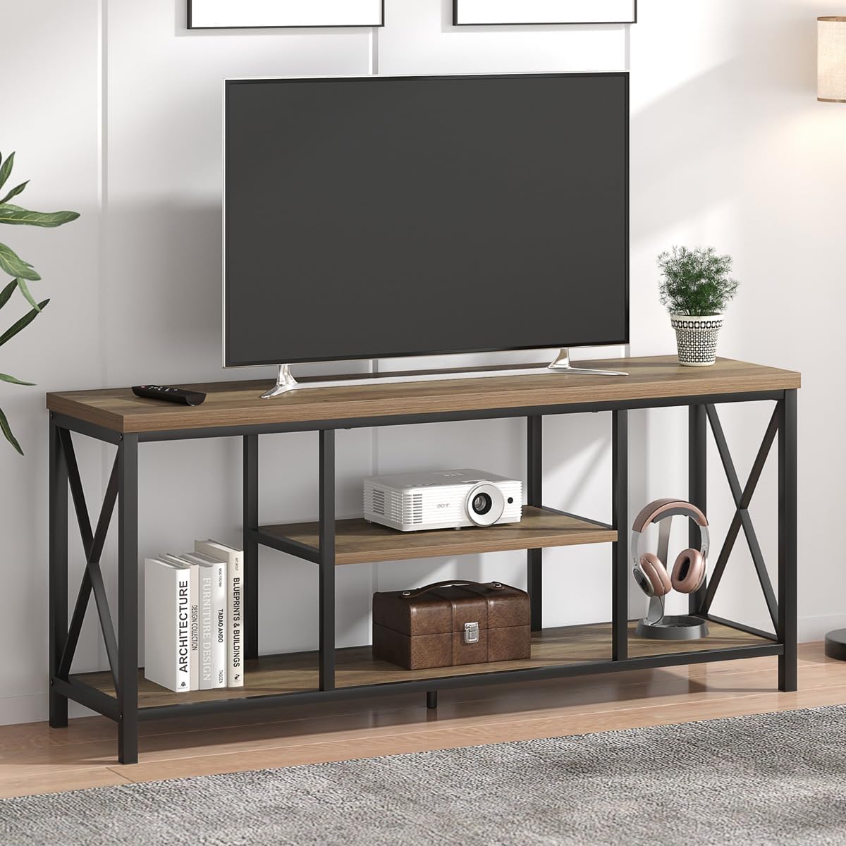FOLUBAN TV Stand for TV up to 65 inch, Rustic Wood and Metal Entertainment Center with Storage Shelves, Modern Industrial Media TV Console Table for Living Room, Oak 55 inch