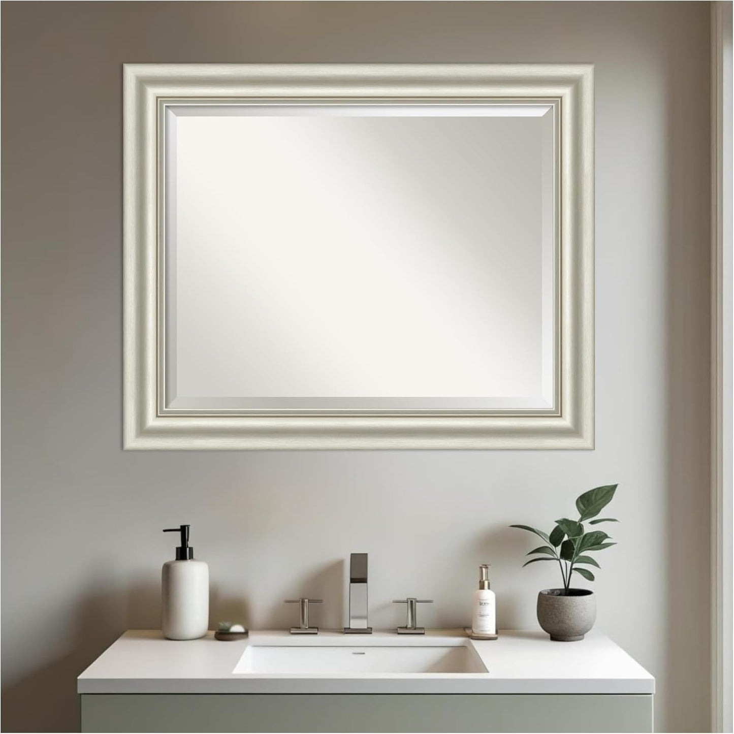 Amanti Art Bathroom Mirror for Over Sink, 28x34 Sophia Silver Rectangle Vanity Mirror, Large Traditional Frame, Hangs Horizonally and Vertically, Bathroom Wall Decor, Beveled Edge