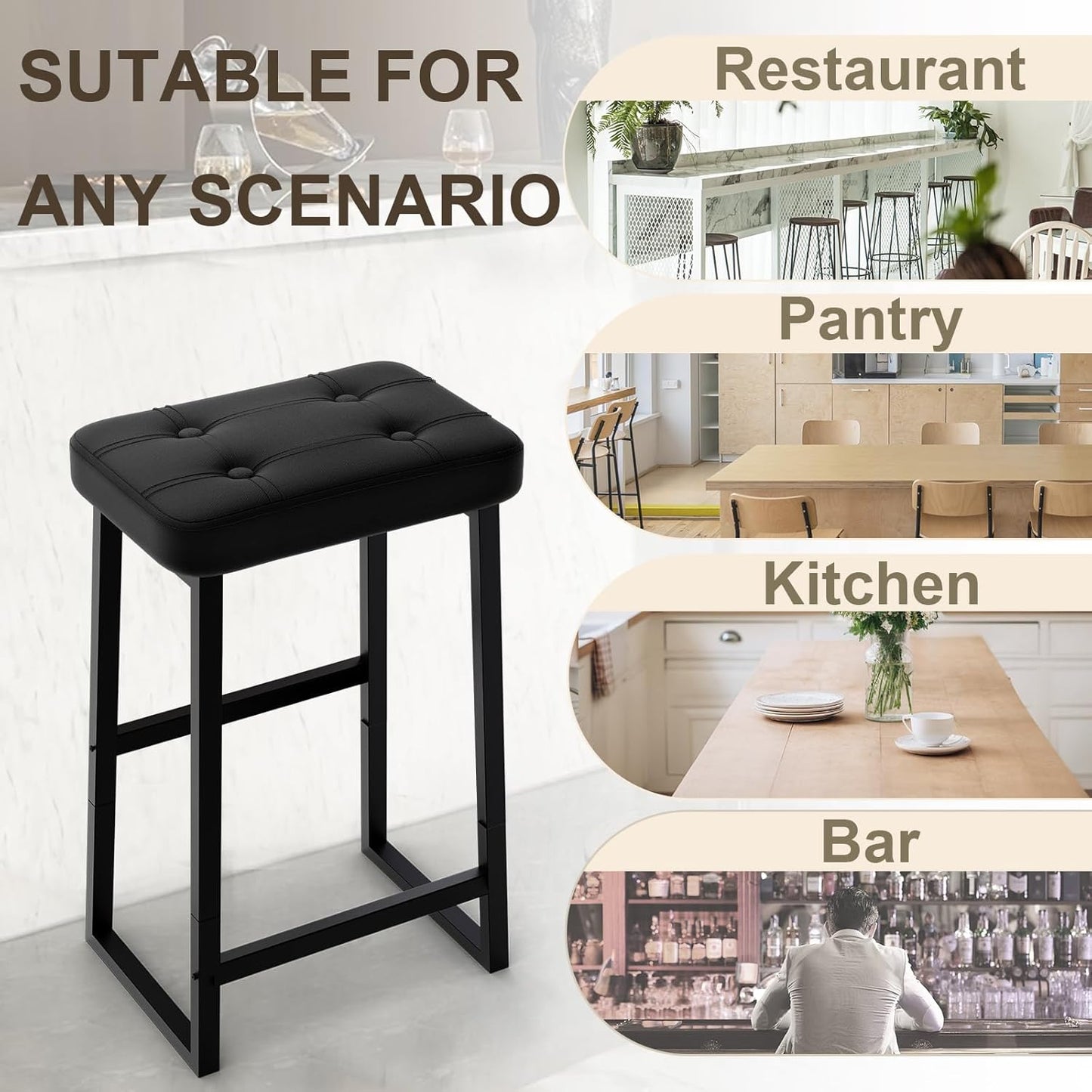 Bar Stool, Kitchen Island Chairs,Counter Height Bar Stools, Modern Synthetic Leather with Stitching, 26 inches high, for Kitchen/Family Restaurant/Dining Room/Farmhouse, Black