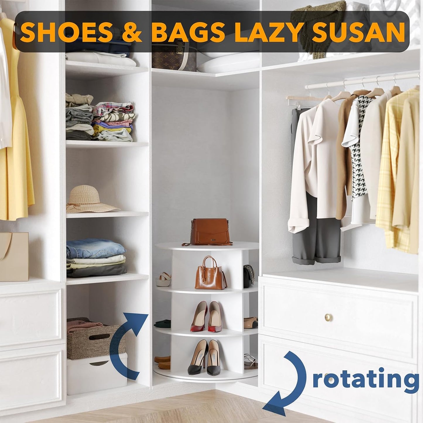 SpaceAid 3 Tier Rotating Shoe Rack Tower, Spinning Shoe Display Lazy Susan, Revolving 360 Shoe Rack Storage Round Carousel, Vertical Handbag Rotate Shoes Closet Organization (3-Tier White)