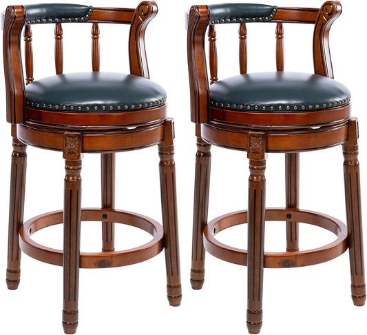 Cow top Leather Wooden Bar Stools, 360 Degree Swivel Bar Height Chair with Backs for Home Kitchen Counter, Morden Chair Barstools (Dark Blue 2pcs, Counter Height-Seat Height 26”)