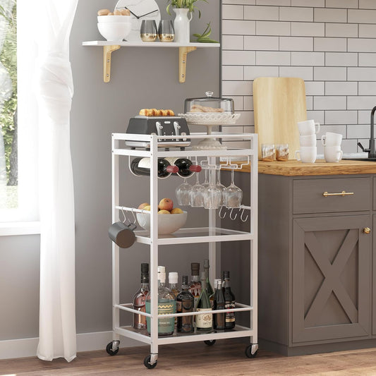 TUTOTAK Bar Cart, Home Bar Serving Cart, Drink Cart with 3-Tier Mirrored Shelf, Mobile Kitchen Shelf with Wine Rack, BC01BW033
