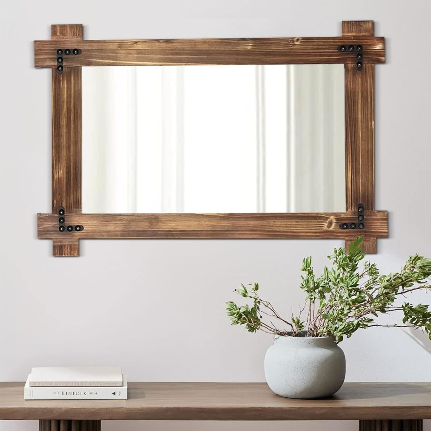 MeMoreCool Farmhouse Rustic Wood Framed Bathroom Mirror, Decorative Wall Mounted Rectangular Mirror for Bedroom, Living Room, or Bathroom, 24x36 Inch