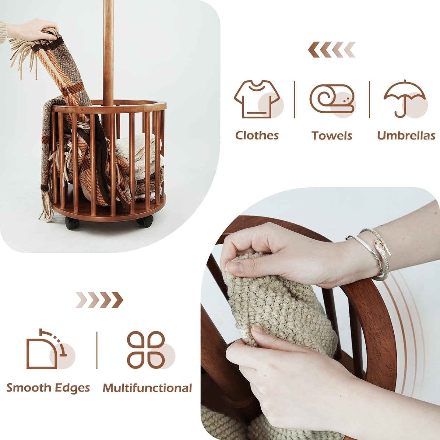 CozyDH Solid Wood Coat Rack Freestanding with Lockable 360° Rotary Casters, Coat Tree Stand with Umbrella Holder & Laundry Basket Storage & 12 Hooks, Walnut