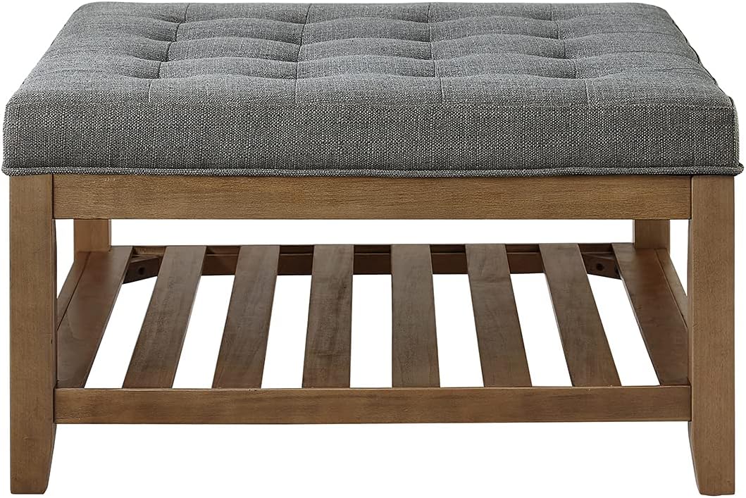 24KF Large Square Upholstered Tufted Linen Ottoman Coffee Table, Large Footrest Ottoman with Solid Wood Shelf-Granite