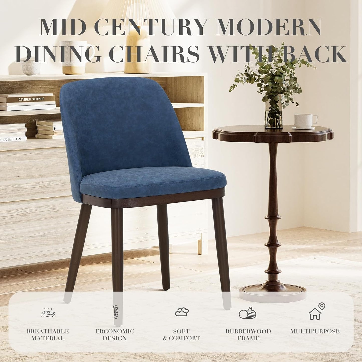 COLAMY Upholstered Dining Chairs Set of 2, Modern Kitchen Chairs with Back, Leather Side Dining Room Chairs with Wood Legs for Kitchen Dining Room Restaurant, Blue