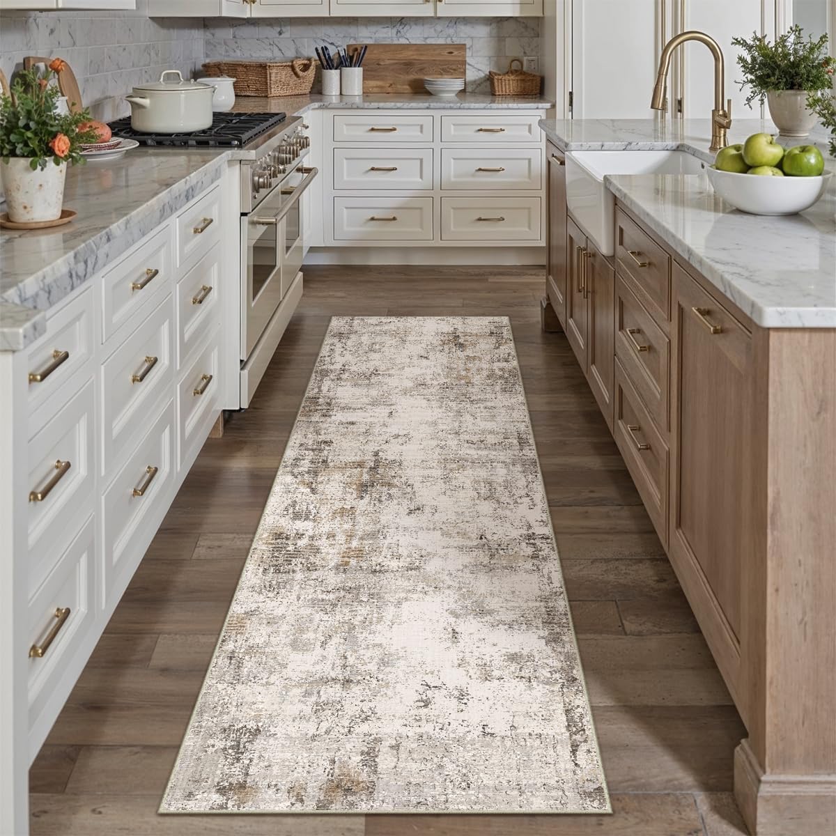 2x7 Washable Runner Rug Brown Grey Neutral Abstract Hallway Kitchen Living Room Bedroom Non Slip Throw Rug Soft Low Pile Indoor Carpet for Entrance Laundry Bathroom