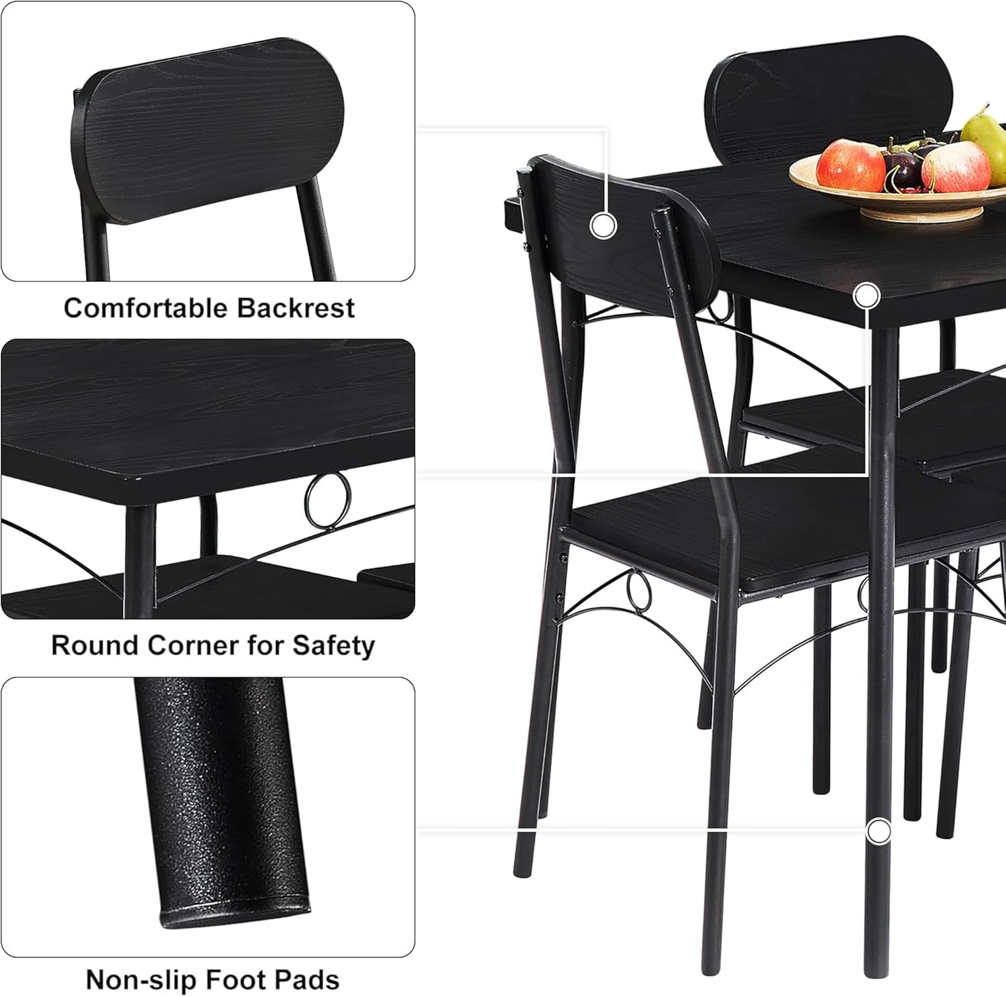 VECELO Dining Table Set for 4, 5 Piece Dinette with Chairs for Kitchen, Breakfast Nook and Small Space, Black