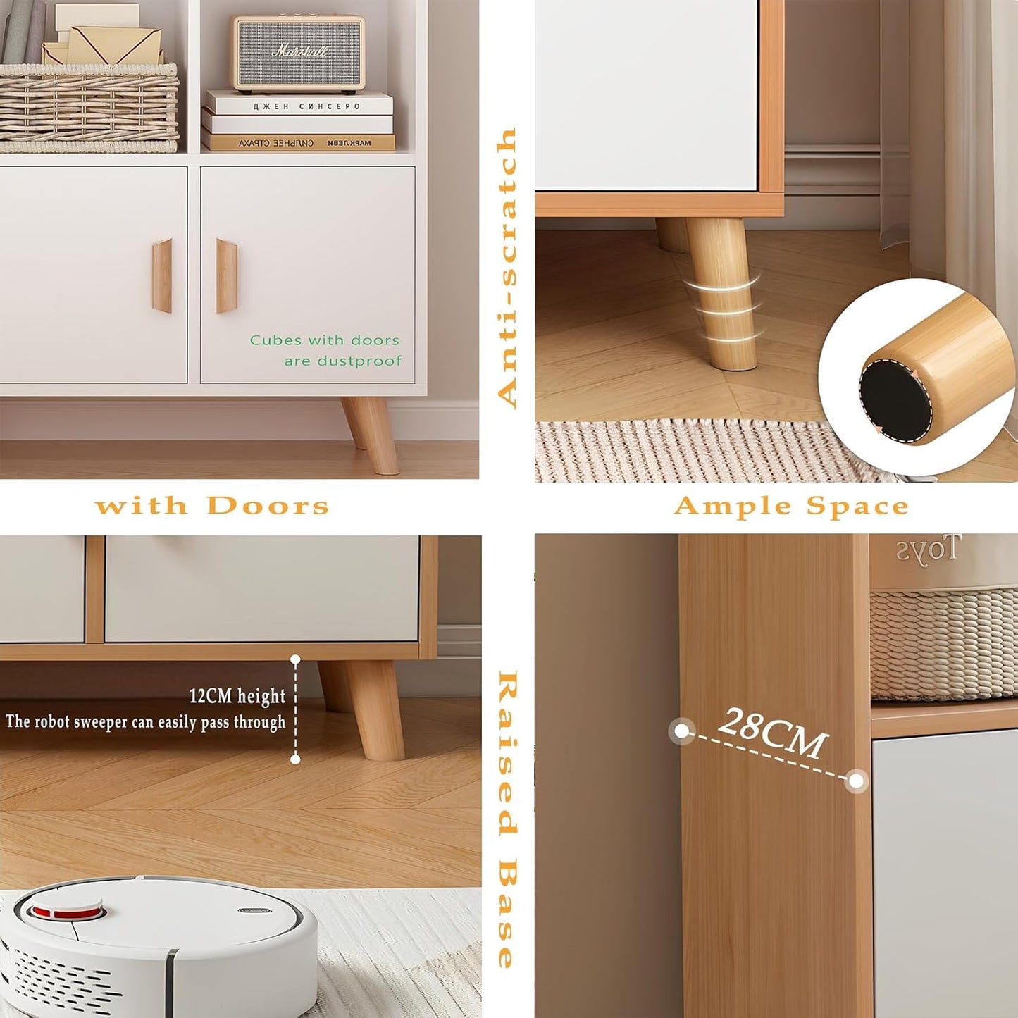 Cubby Shelf Bookcase with Doors - Wooden 11 Cube Floor Standing Open Bookshelf with Solid Wood Legs, 3-Tier Storage Cabinet, Warm White