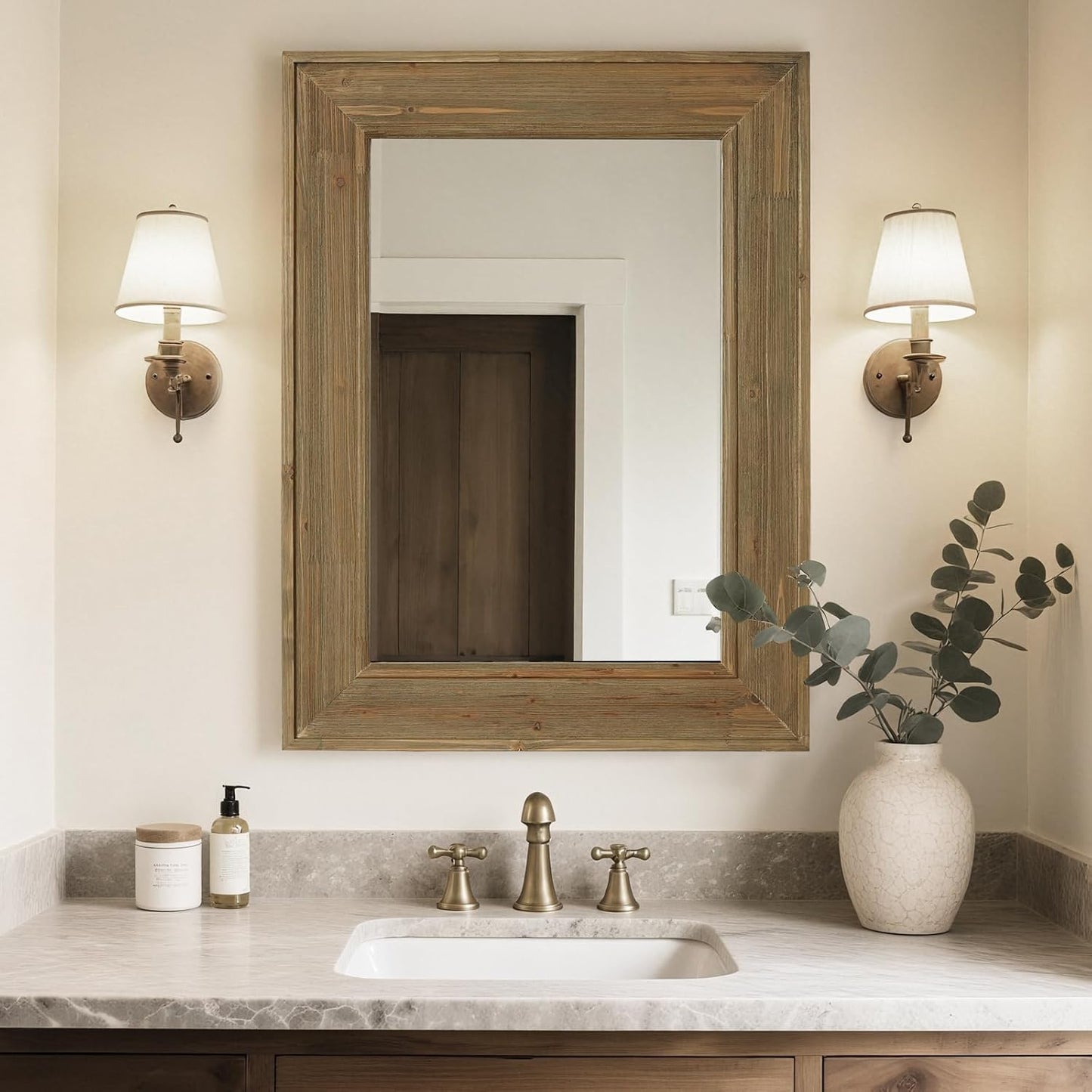 WallBeyond Rustic Wood Framed Mirror, 24" x 32" Farmhouse Decorative Wall Mirror, Vintage Solid Wood Rectangular for Bathroom, Entryway & Living Room, Natural