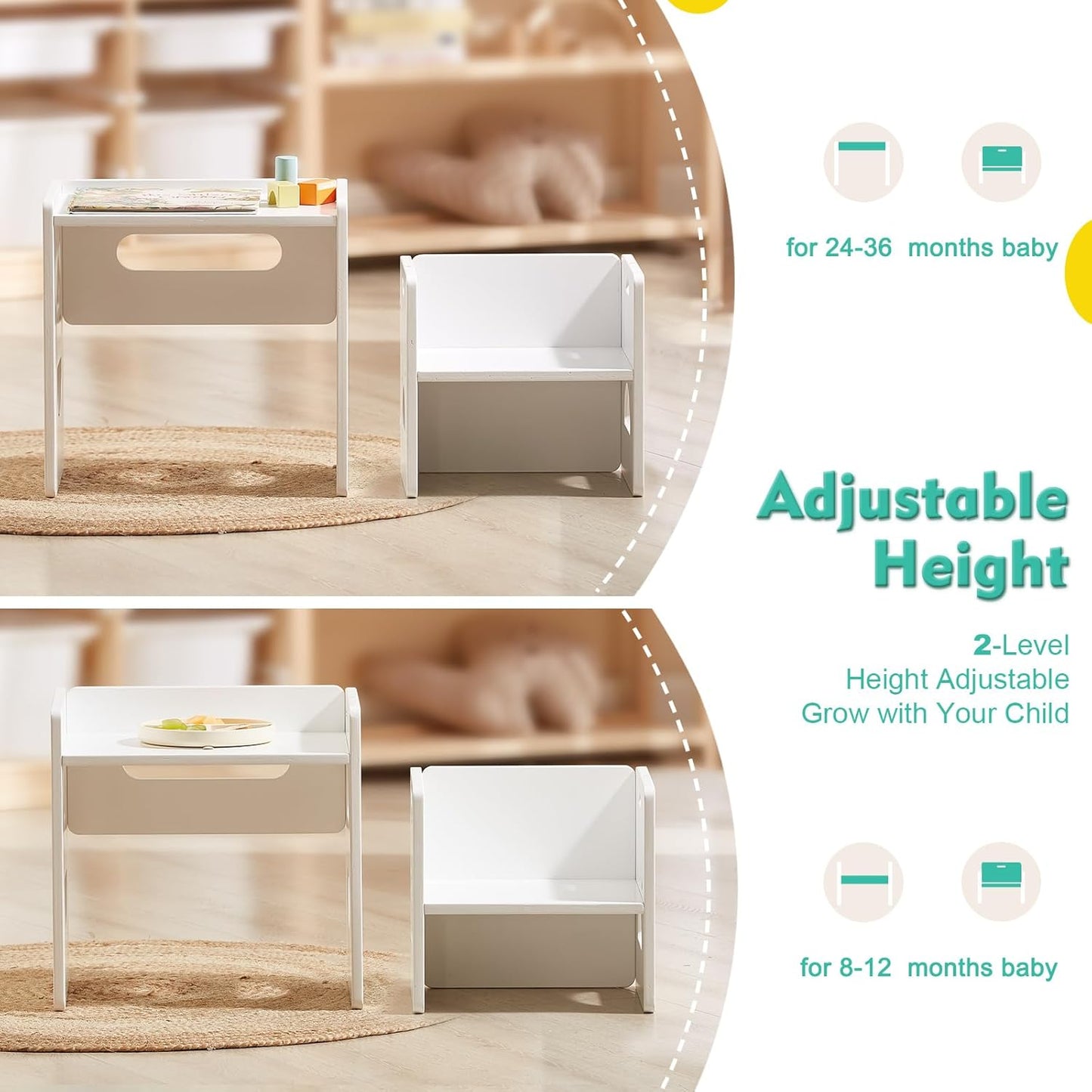 FUNLIO Height Adjustable Montessori Table and Chair Set for Age 1-3, Solid Wood Toddler Table and Chair Set, Weaning Baby Table Chair Set for Reading/Eating/Playing, Easy to Assemble - White