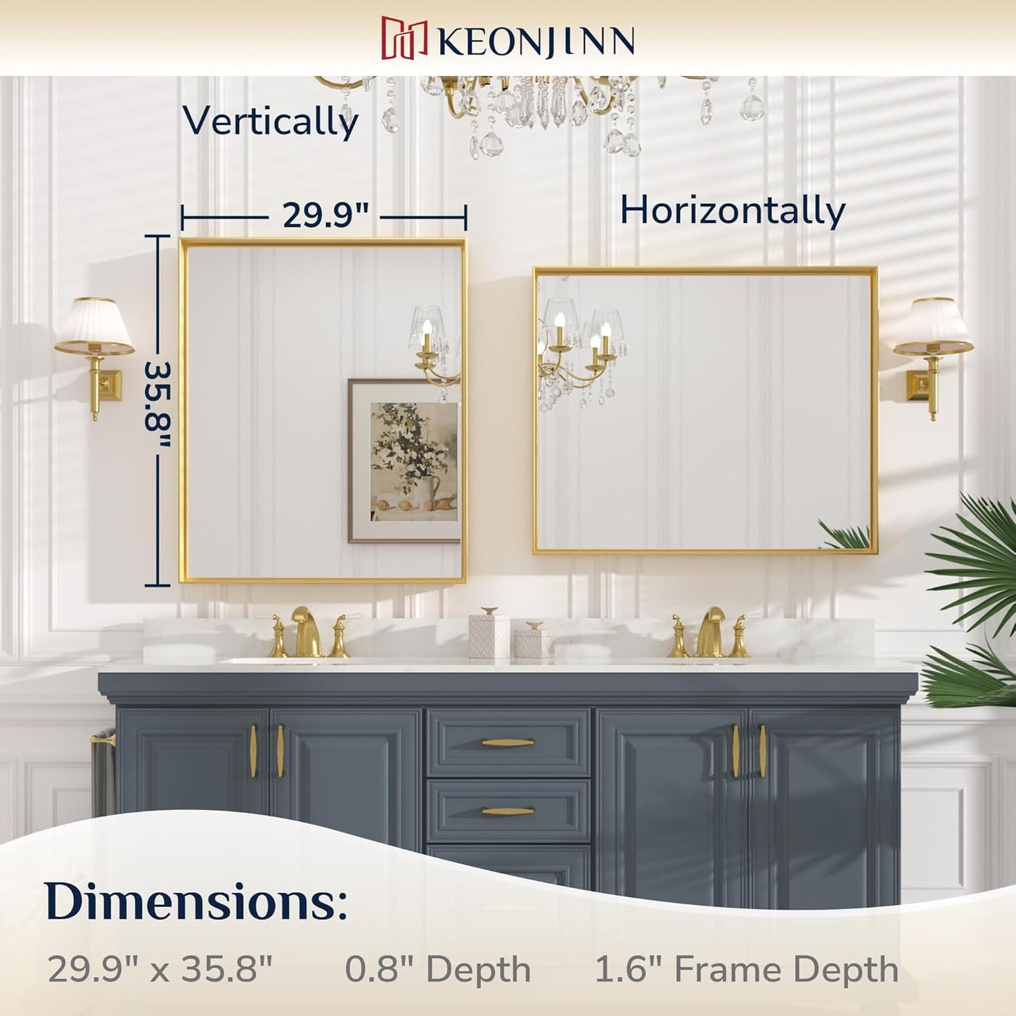 Keonjinn 30 x 36 Inch Brushed Gold Bathroom Mirror Metal Framed Rectangle Wall Gold Vanity Mirror for Bathroom Gold Rectangle Mirror for Bathroom Over Sink(Horizontal/Vertical)