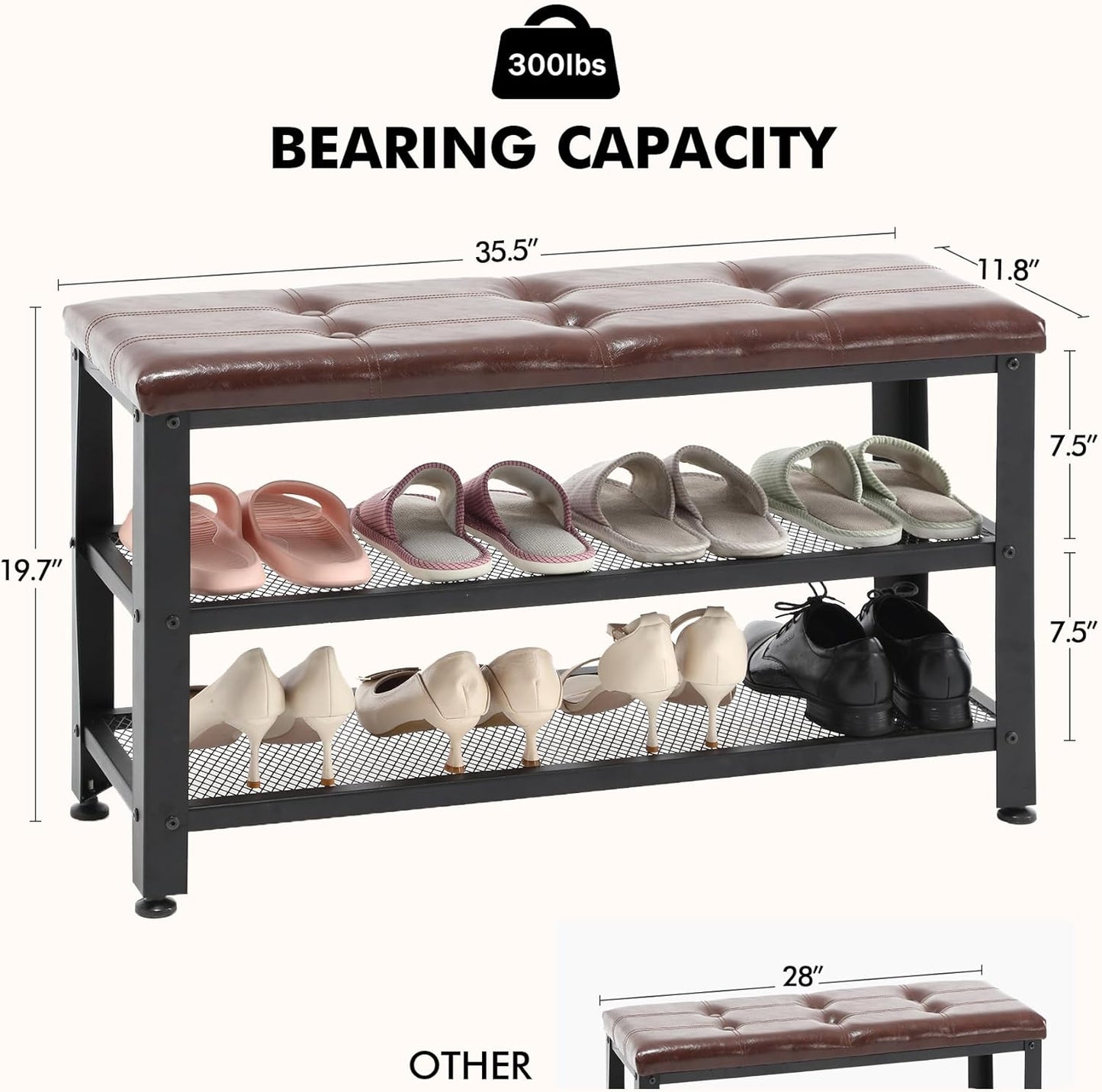 Apicizon 35.5" Shoe Rack Bench, 3-Tier Entryway Bench, with Leather Seat and Metal Frame, Loads 300 lb, Suitable for Living Room, Hallway, Mudroom, Doorway, Rustic Brown