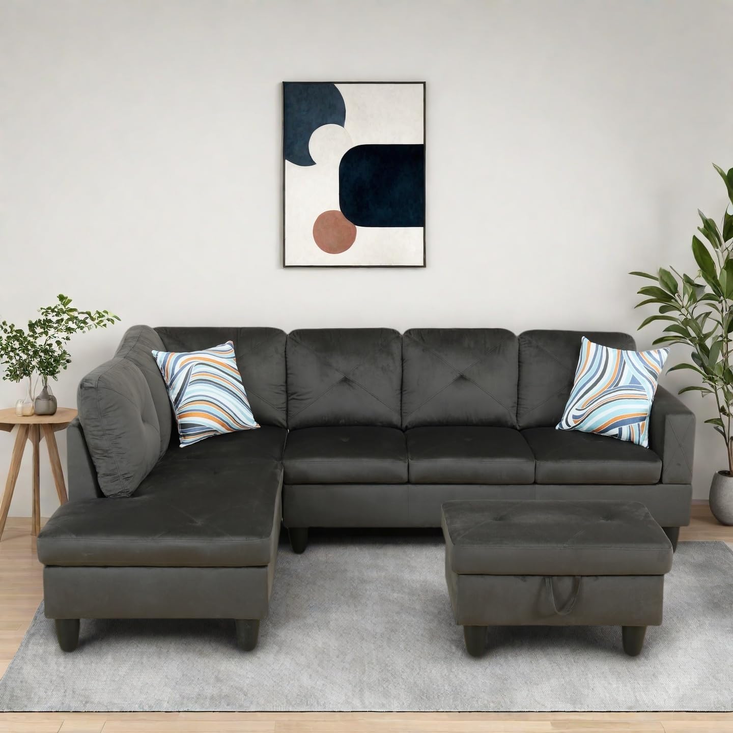 L-Shaped Sectional Sofa with Ottoman, Right-Facing Modern Microfiber Couch for Living Room, Bedroom, Office, Espresso