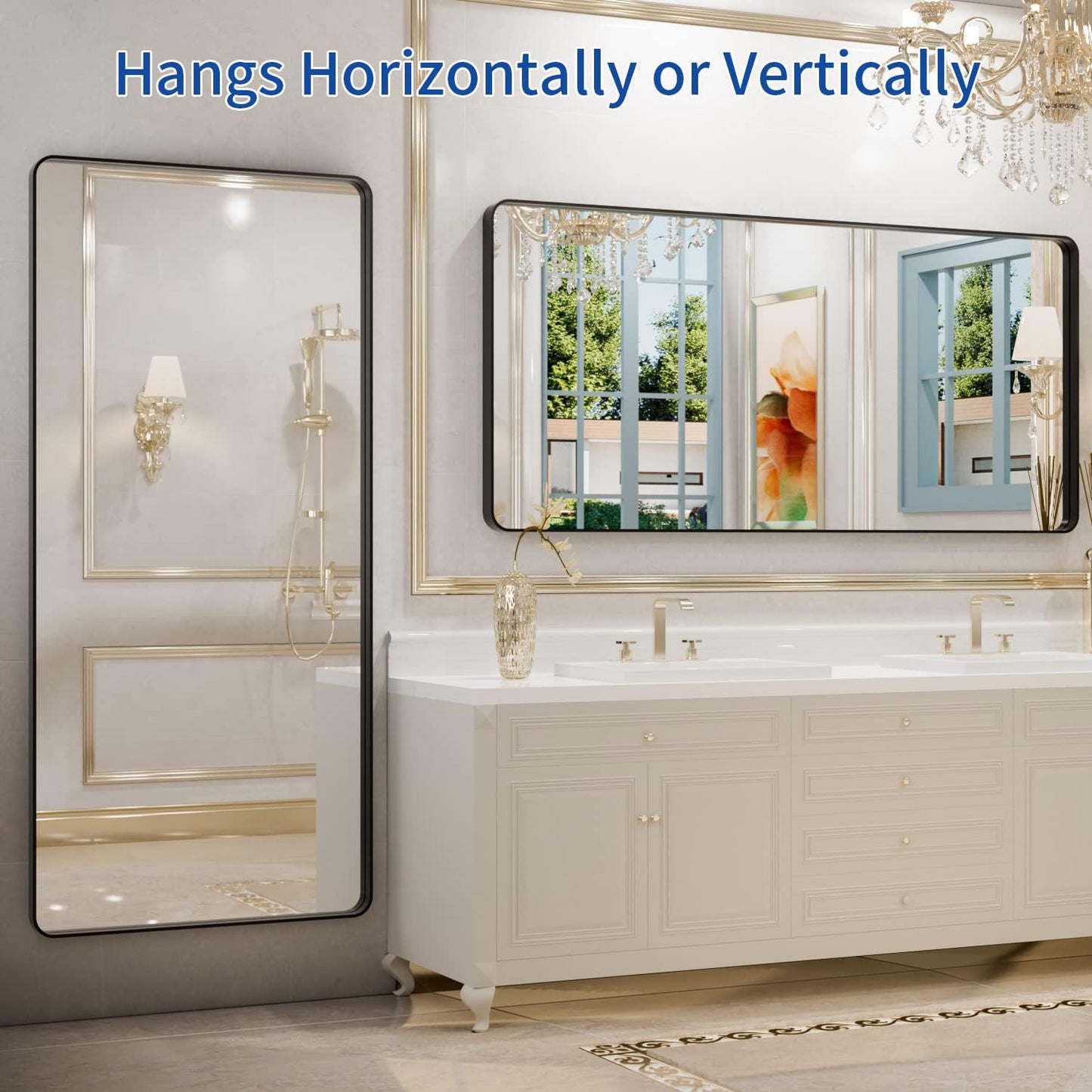 WEER Black Metal Framed Mirror, 60X28 Inch Rectangular Matte Black Wall Mirror for Bathroom, Rounded Corner Black Bathroom Vanity Mirror, Tempered Glass, Anti-Rust, Hangs Horizontal or Vertical