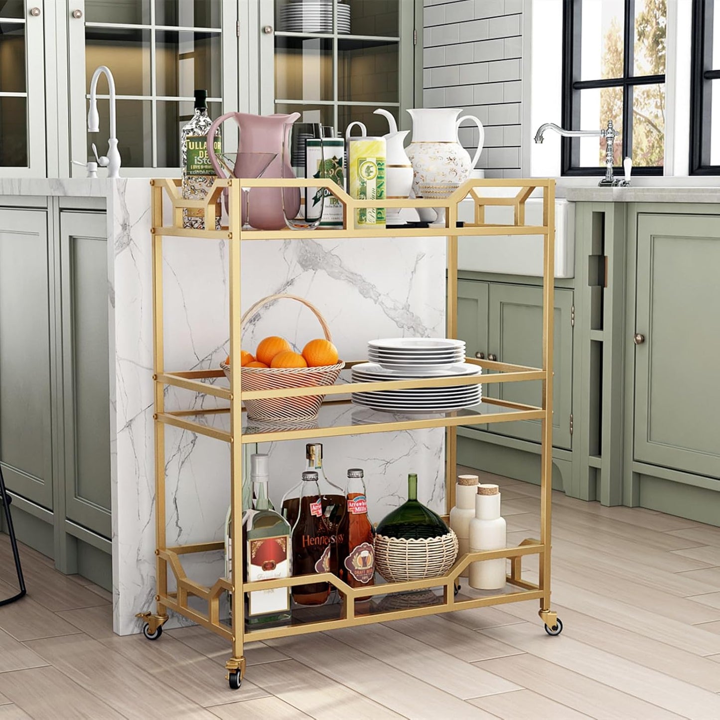 Square Gold Bar Carts with 3 Tier Storage Glass Shelves Holder Home Serving Bar Carts on Wheels for Kitchen, Bar, Dinning Room