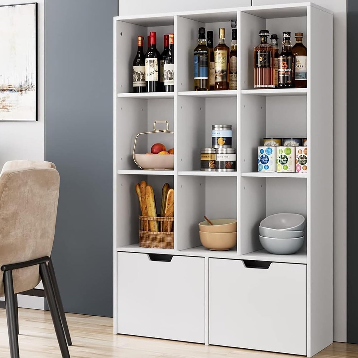 GarveeHome 55 Inches Tall Bookcase with 2 Drawers, Open Storage Bookshelf with 4 Tier Adjustable Shelves, Large Open Book Cabinet Standing for Home Office, White