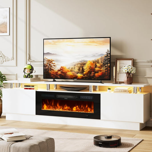 80" TV Stand & Media Console, Entertainment Center with Storage Shelves, Fits TVs up to 90", Modern Living Room Cabinet, 36" Electric Fireplace (White+Black)
