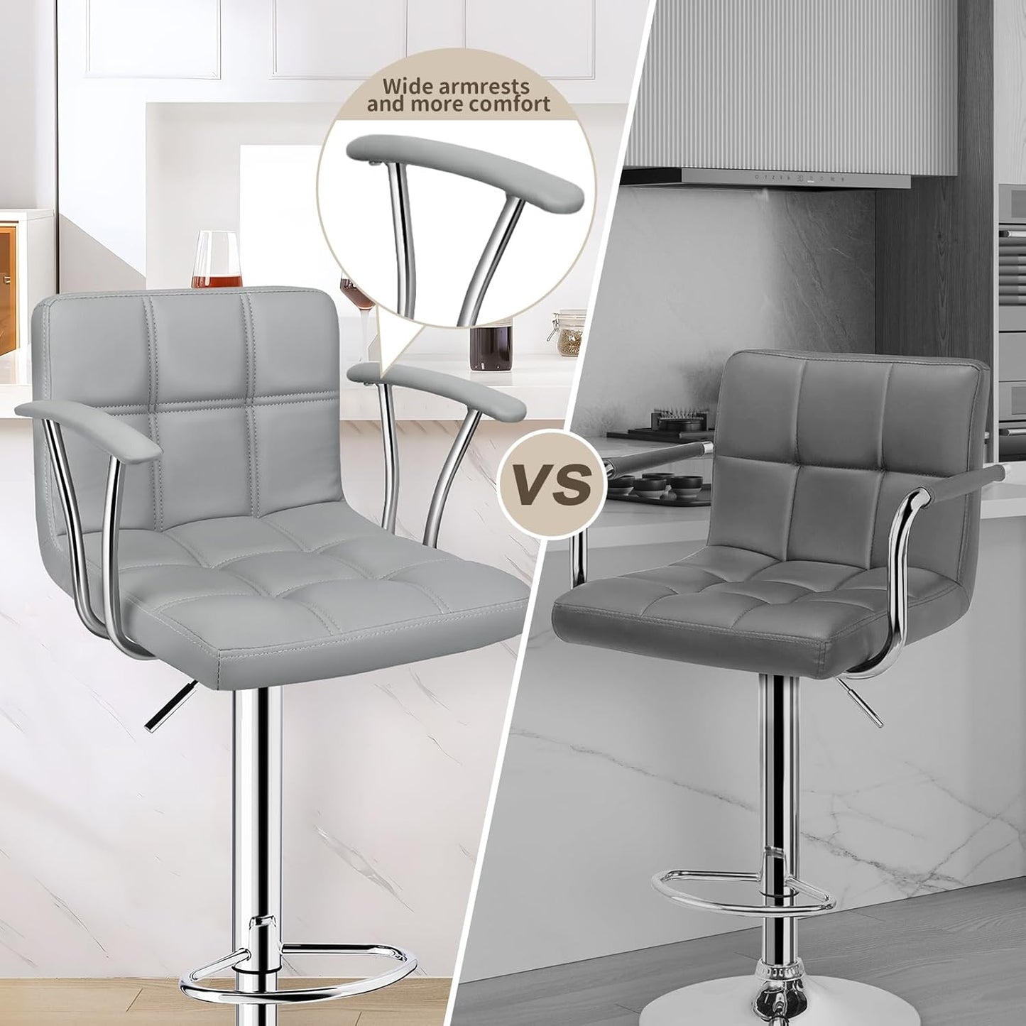 Bar Stools Set of 2,Armrest Adjustable Swivel Barstools with Back,Double Needle PU Leather Counter Height Bar Stools for Kitchen Island, Light Grey