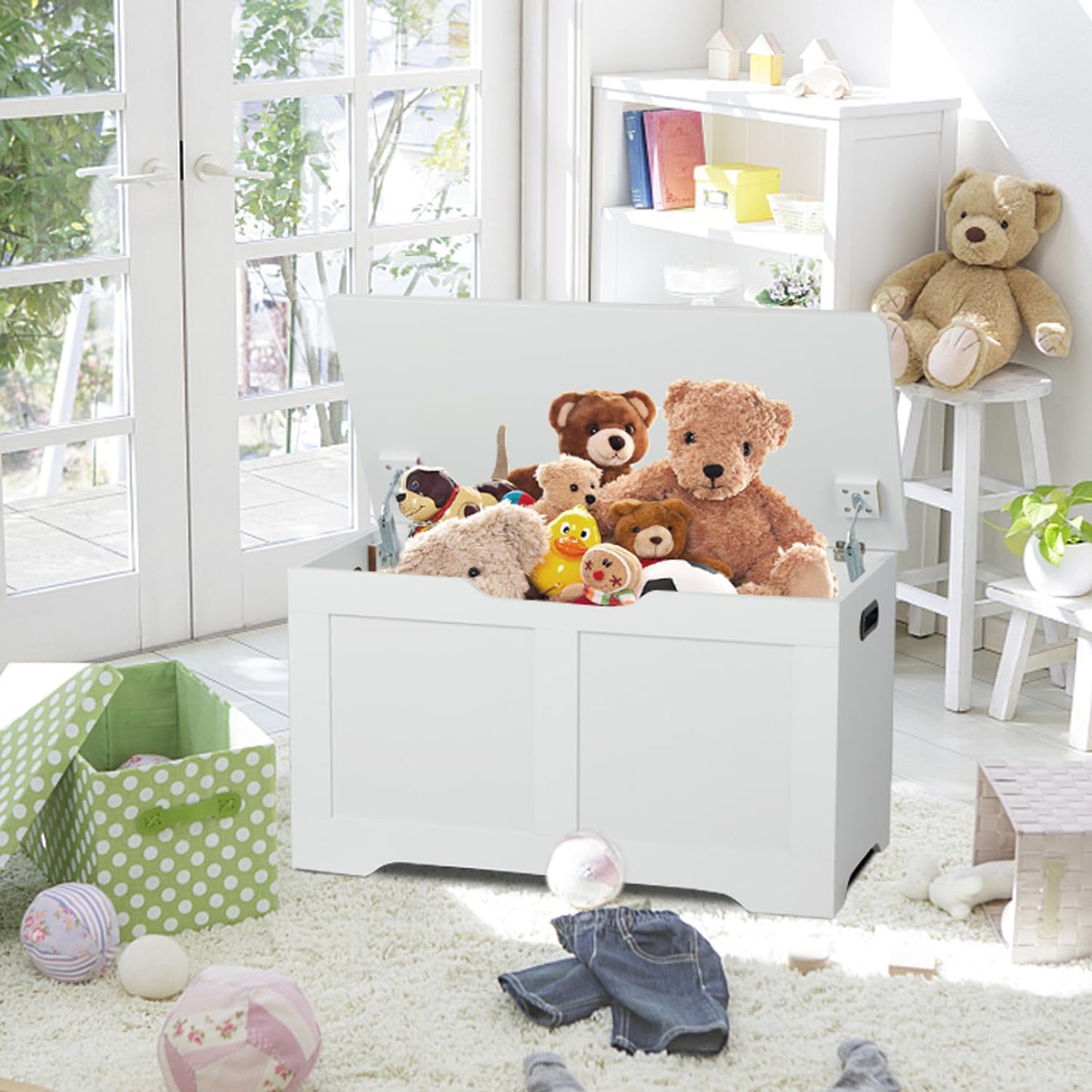 31.5" Storage Chest, Wooden Storage Bench, Lift Top Toy Chest with 2 Safety Hinges, Large Toy Box, Entryway Shoes Bench for Living Room, Bedroom, White