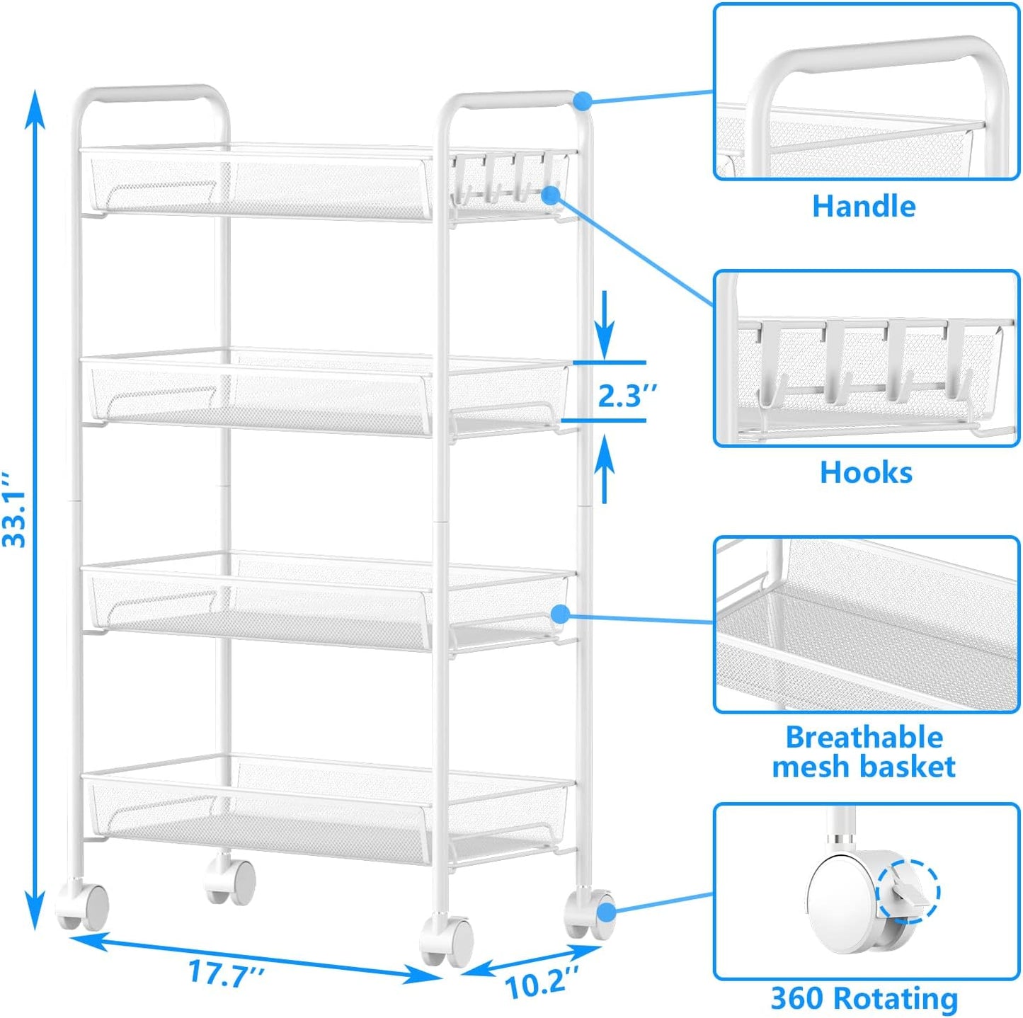 OVICAR 4 Tier Mesh Wire Rolling Cart, Kitchen Storage Organizer Utility Cart, Full Metal Basket Storage Art Trolley Carts with Wheels & 4 Side Hooks