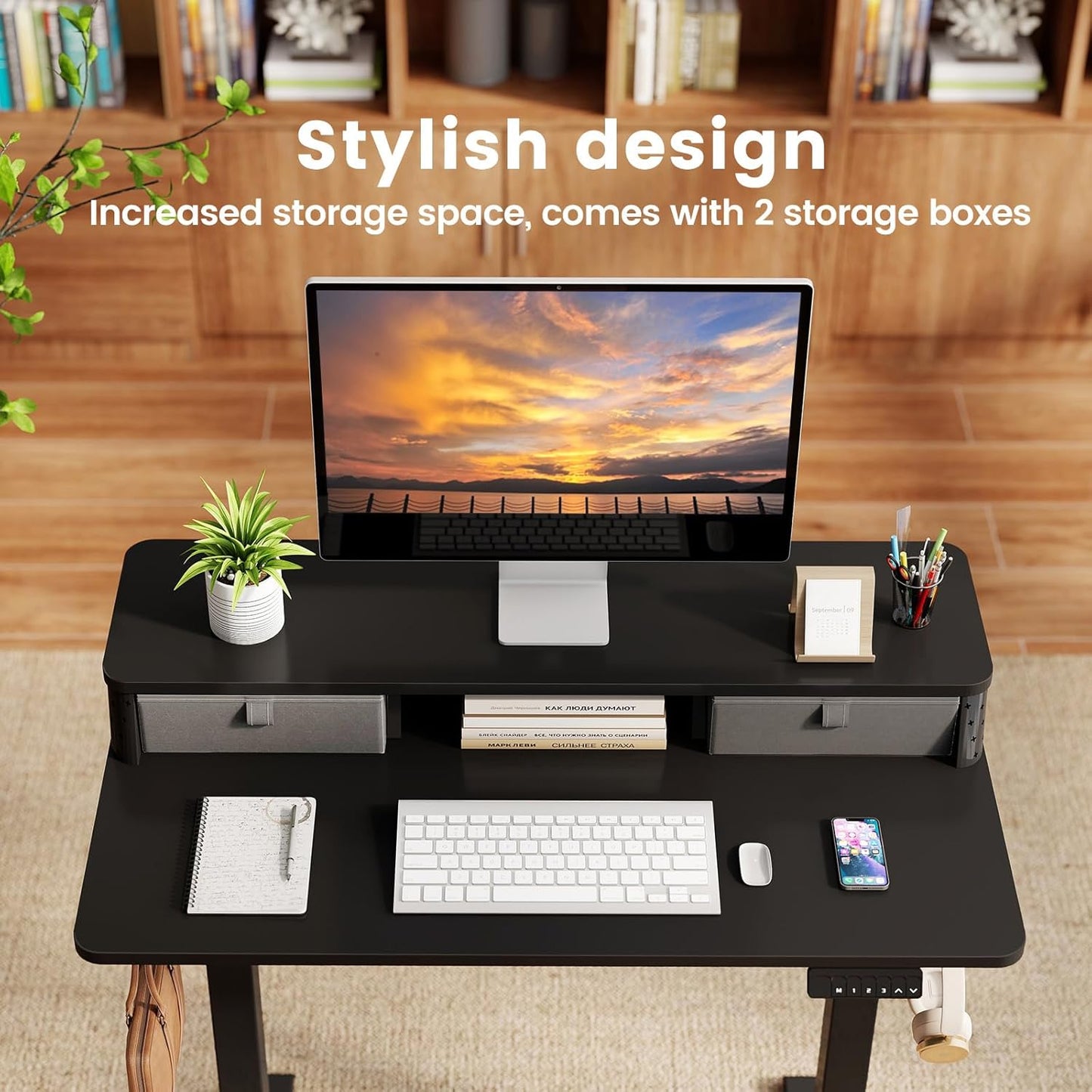 Small Standing Desk with Drawers and Brushless Motor,Electric Sit Stand Desk for Walking Pad,Ergonomic Stand Up Desk for Home Office & Gaming,3 Memory Height Preset & Hooks(40" x 24", Black)