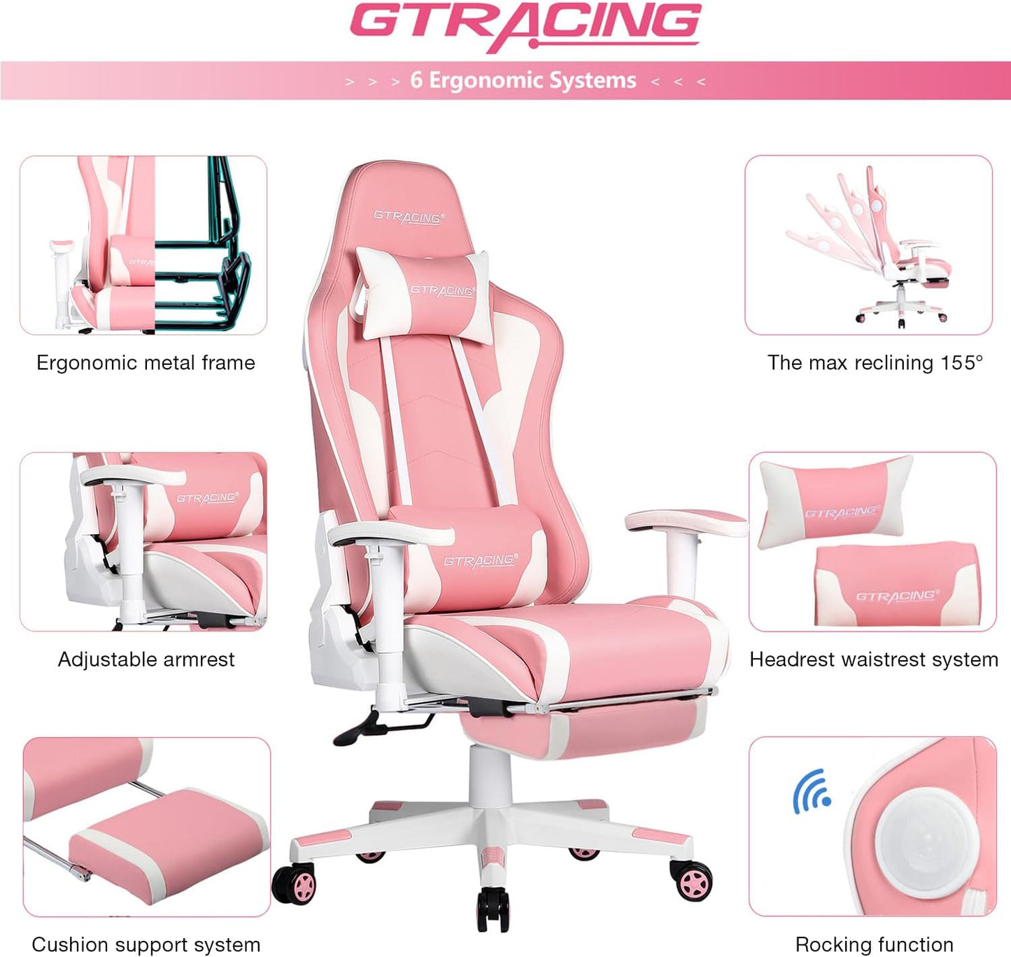 GTRACING Gaming Chair with Footrest Speakers Video Game Chair Bluetooth Music Heavy Duty Ergonomic Computer Office Desk Chair (Pink)