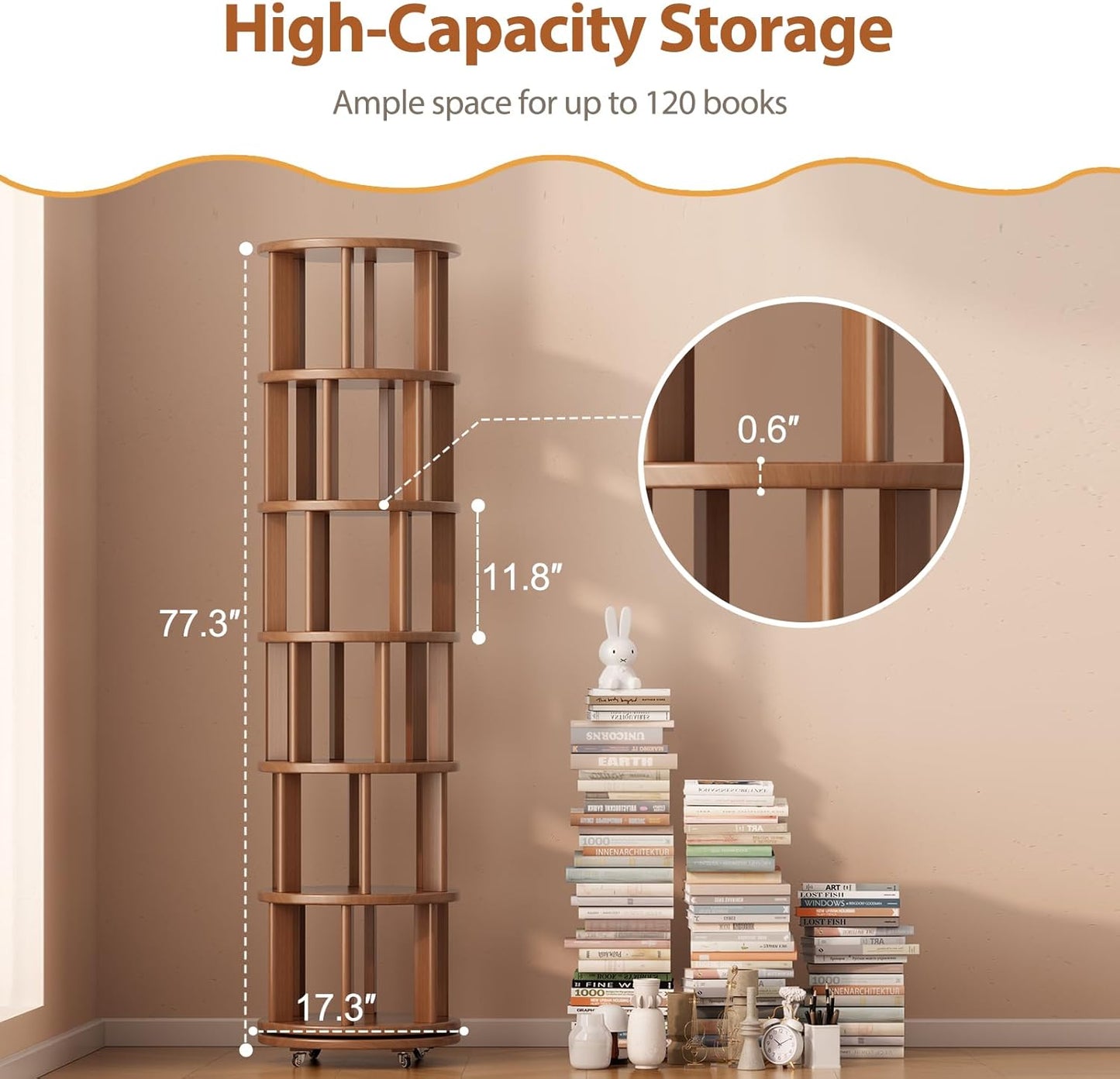 Solid Wood Rotating Bookshelf on Wheels, 6 Tier, Round Revolving Bookcase, 360° Spinning Book Shelf Tower for Kids, Narrow Rolling Bookshelves for Small Space, Corner, Bedroom, Office, Walnut