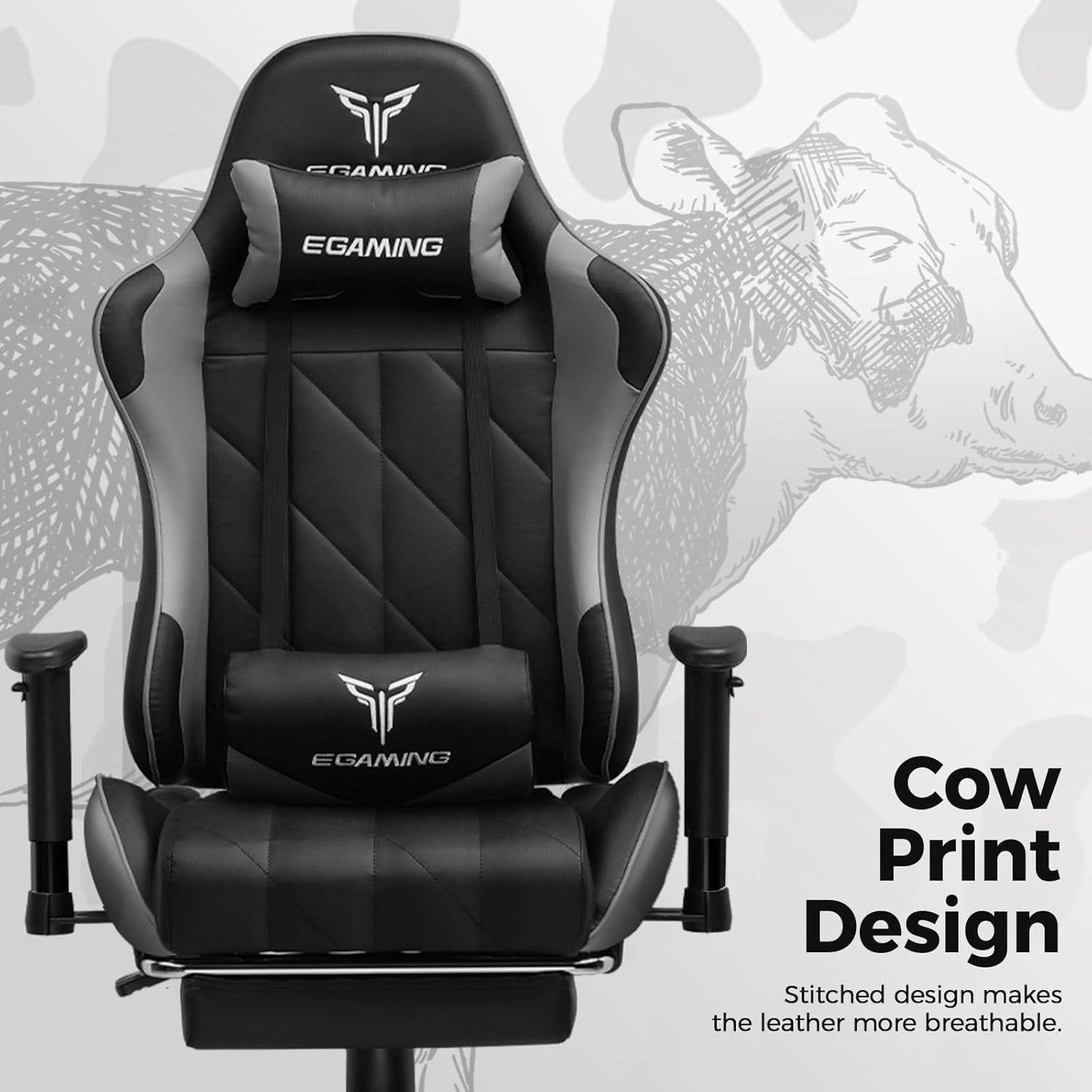 Gaming Chair with 3D Adjustable Armrests, Cow Print Design, Ergonomic Office Chair with High Back, Computer Chair with Footrest,Comfy Diamond Stitching Sest, Game Chair for Adults