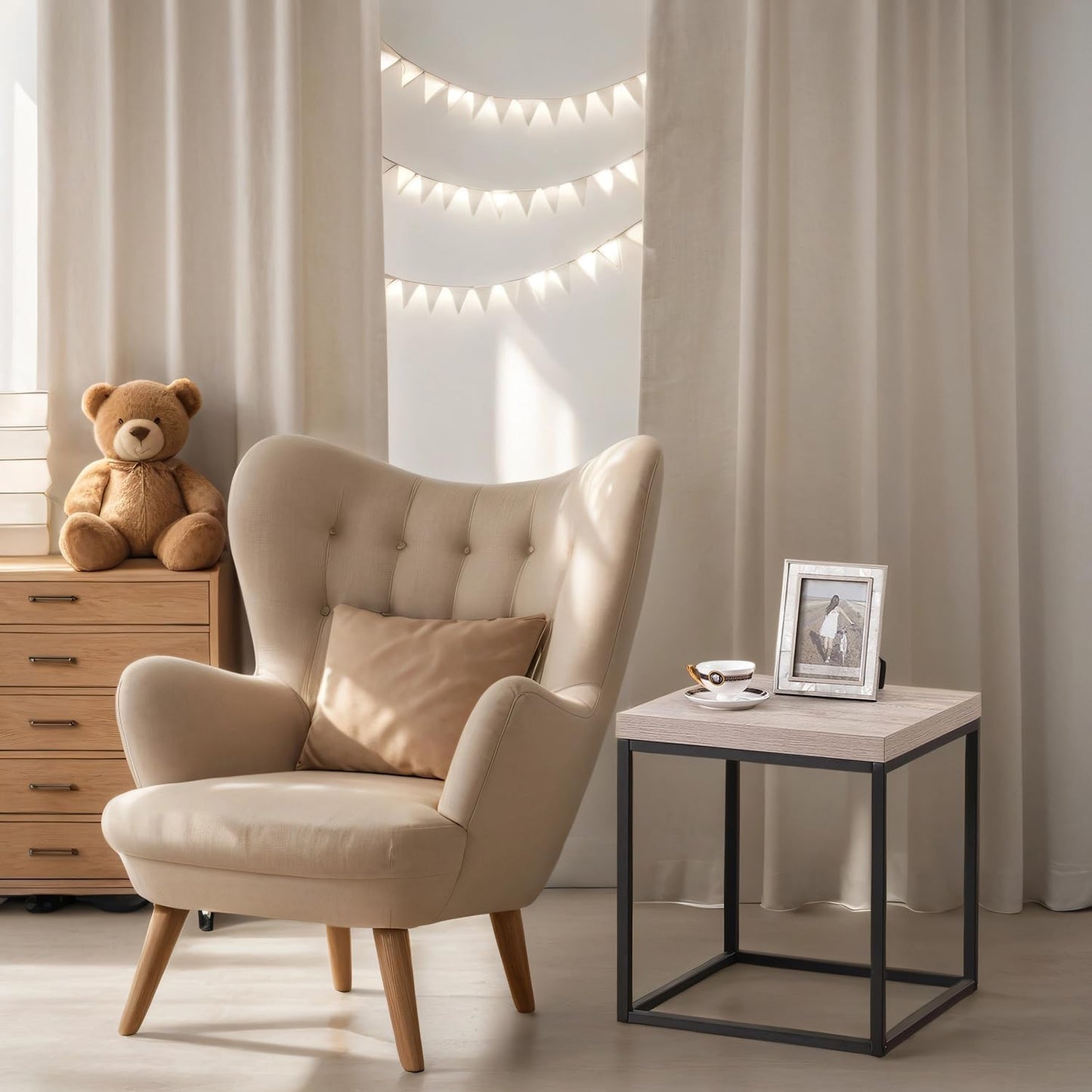 CENSI 18-Inch Grey Wash Accent End Table/Side Table for Living Room, Modern Industrial, Square, Metal and Wood (French Oak)