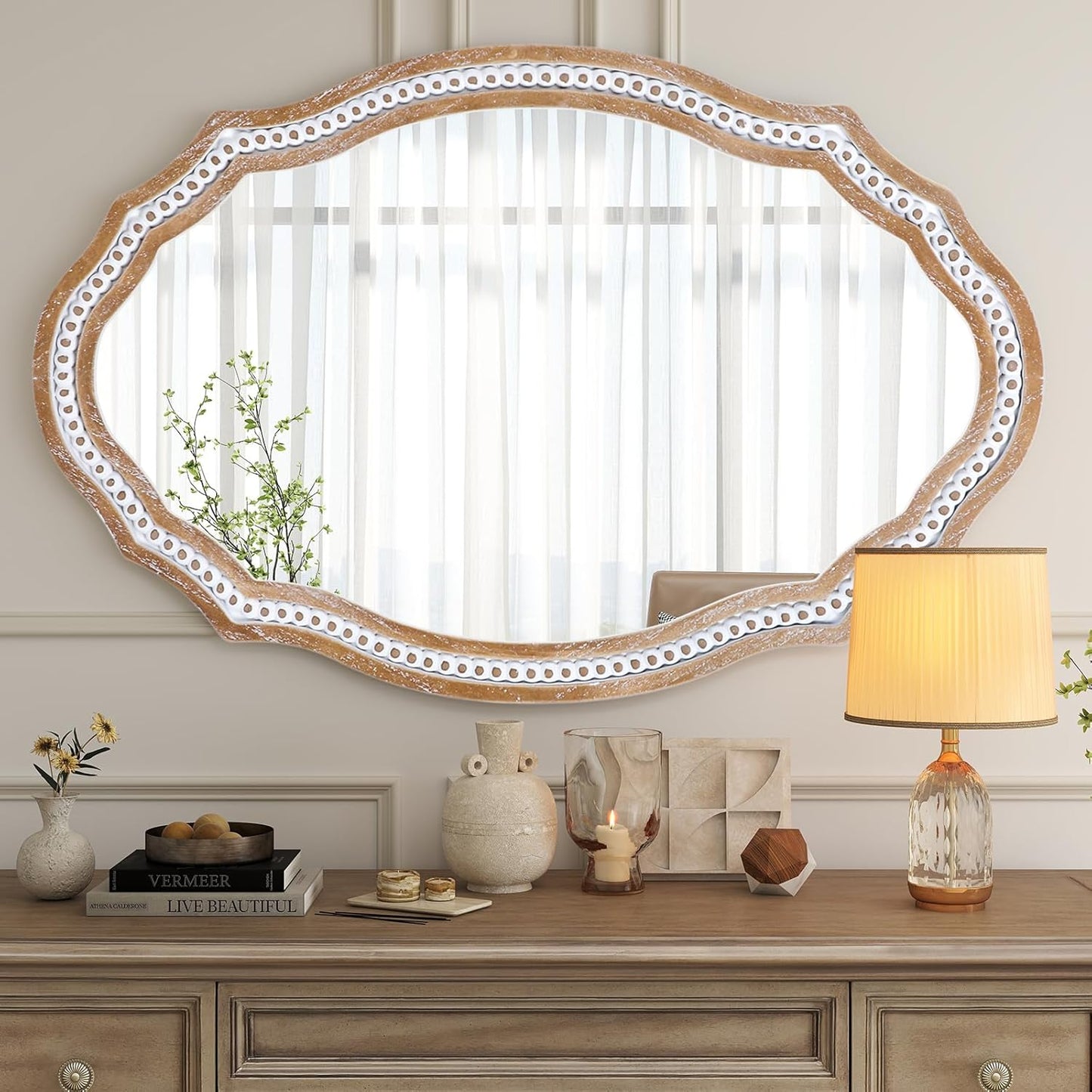 24" x 35" Wooden Farmhouse Oval Mirror for Wall Decor, Living Room, Bedroom, Bathroom Rustic Decorative Mirror for Entryway - Vertical or Horizontal Hanging