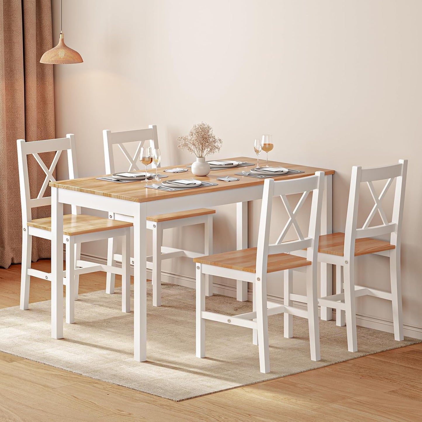 SogesPower Dining Table Set for 4, Wood Rectangular Kitchen Dining Table Set with 4 Chairs, 5-Piece Space-Saving Kitchen Table Set for Dining Room Small Space, White+Oak 43"