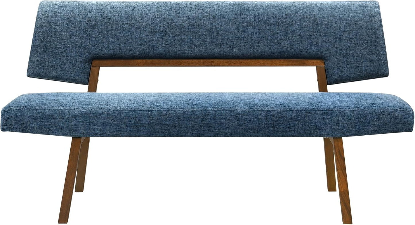 Armen Living Channell Mid Century Modern 5 Piece Walnut Wood Dining Table Set with Benches in Blue Fabric