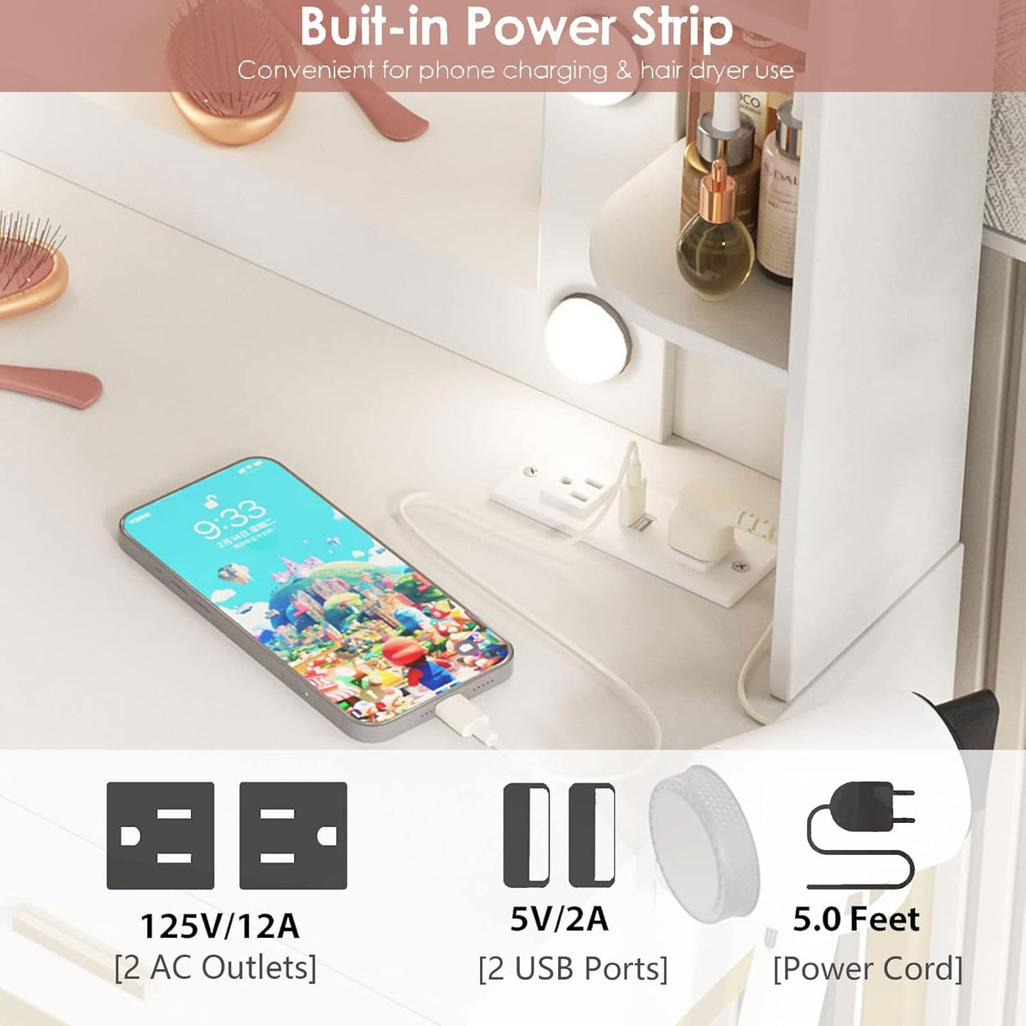 Vabches Vanity Desk with Mirror and Lights, with Charging Station,Makeup Vanity Table Set with Lighted Mirror, with 3 Lighting Modes and 2 Drawers&Cushioned Stool for Bedroom