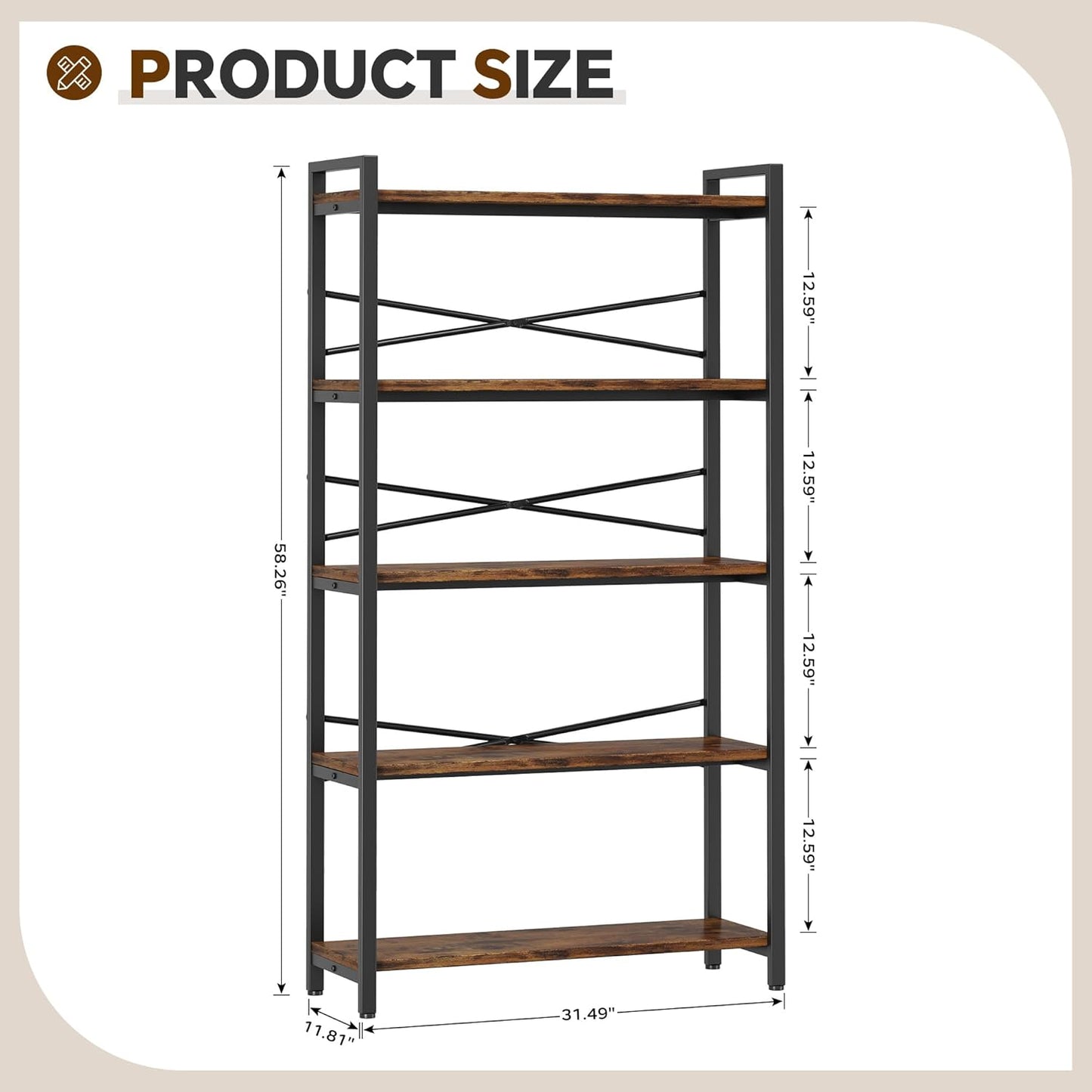 5 Tier Bookshelf 31.49" Width, Tall Book Shelf Storage and Organization, Wooden and Metal Industrial Bookcase, Large Book Shelves for Home Living Room Bedroom Office Storage(Vintage)
