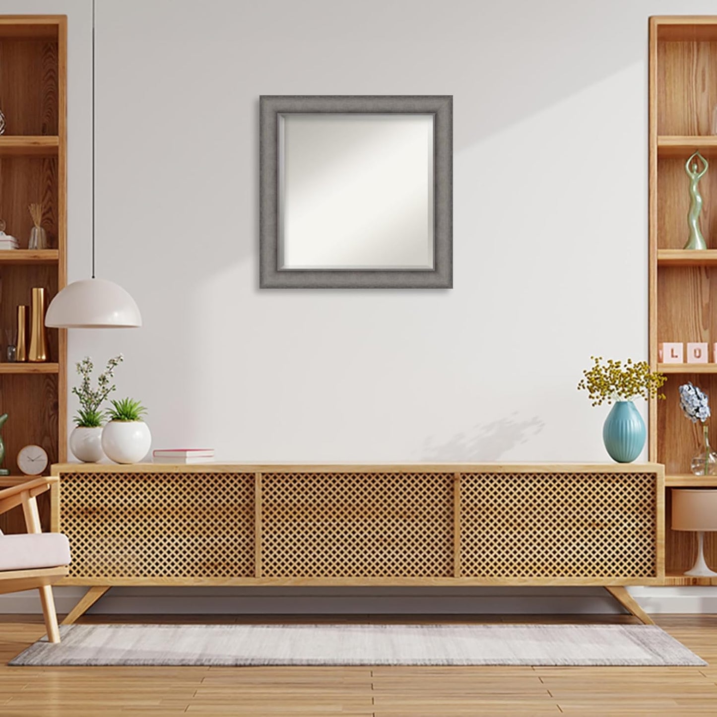 Amanti Art Grey Wall Mirror 25x25 Burnished Concrete Square Bathroom Mirror for Wall Decor Living Room, Medium Modern Contemporary Wood Frame, Hangs Horizonally and Vertically, Bathroom Decor, Beveled