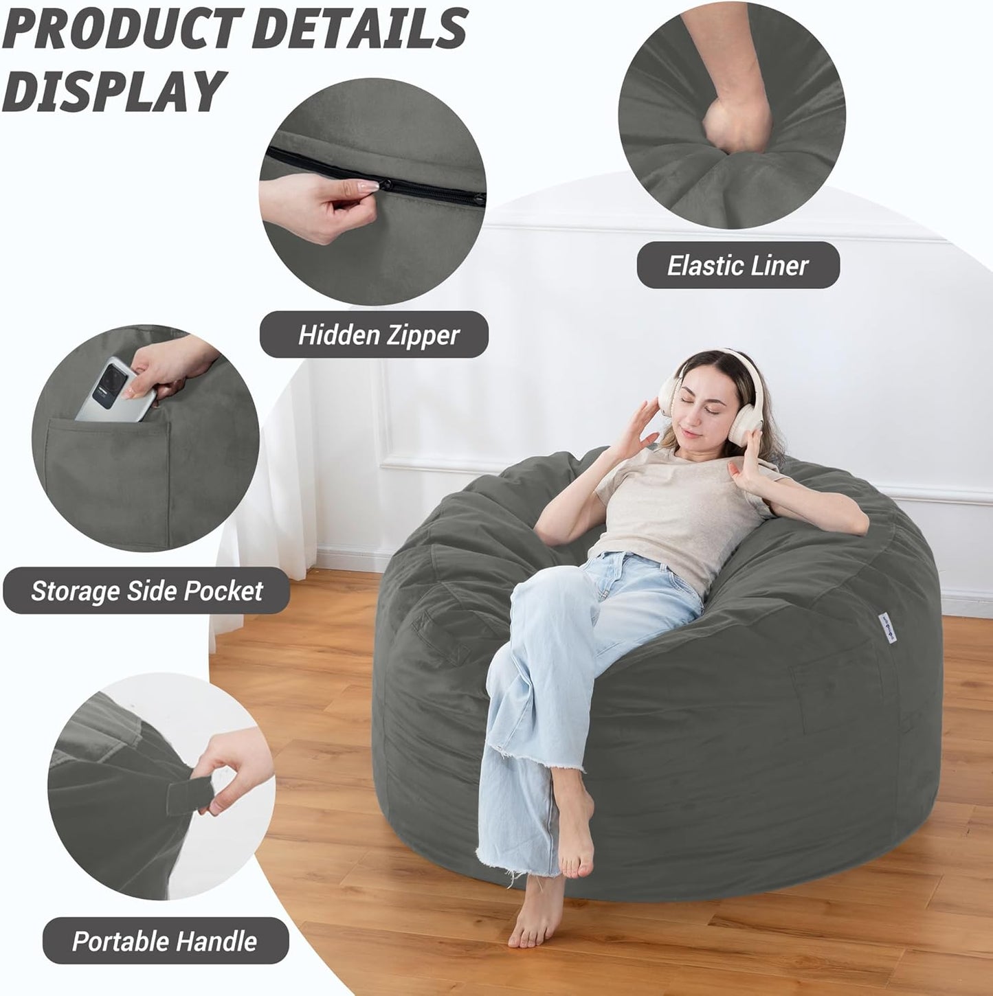 4FT Bean Bag Chair with Ultra Soft Velvet Cover Bean Bag Sofa with Memory Foam Bean Bag Chairs with Large Size Lazy Sofa for Dorm Office Living Room Bedroom Light Grey 4'