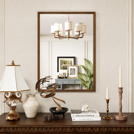 Rectangle Bathroom Mirror 22x30 Inch, Walnut Wood Grain Framed, Anti-Rust & 4mm Tempered Glass, Horizontal/Vertical Hanging Vanity Mirror for Bathroom & Bedroom